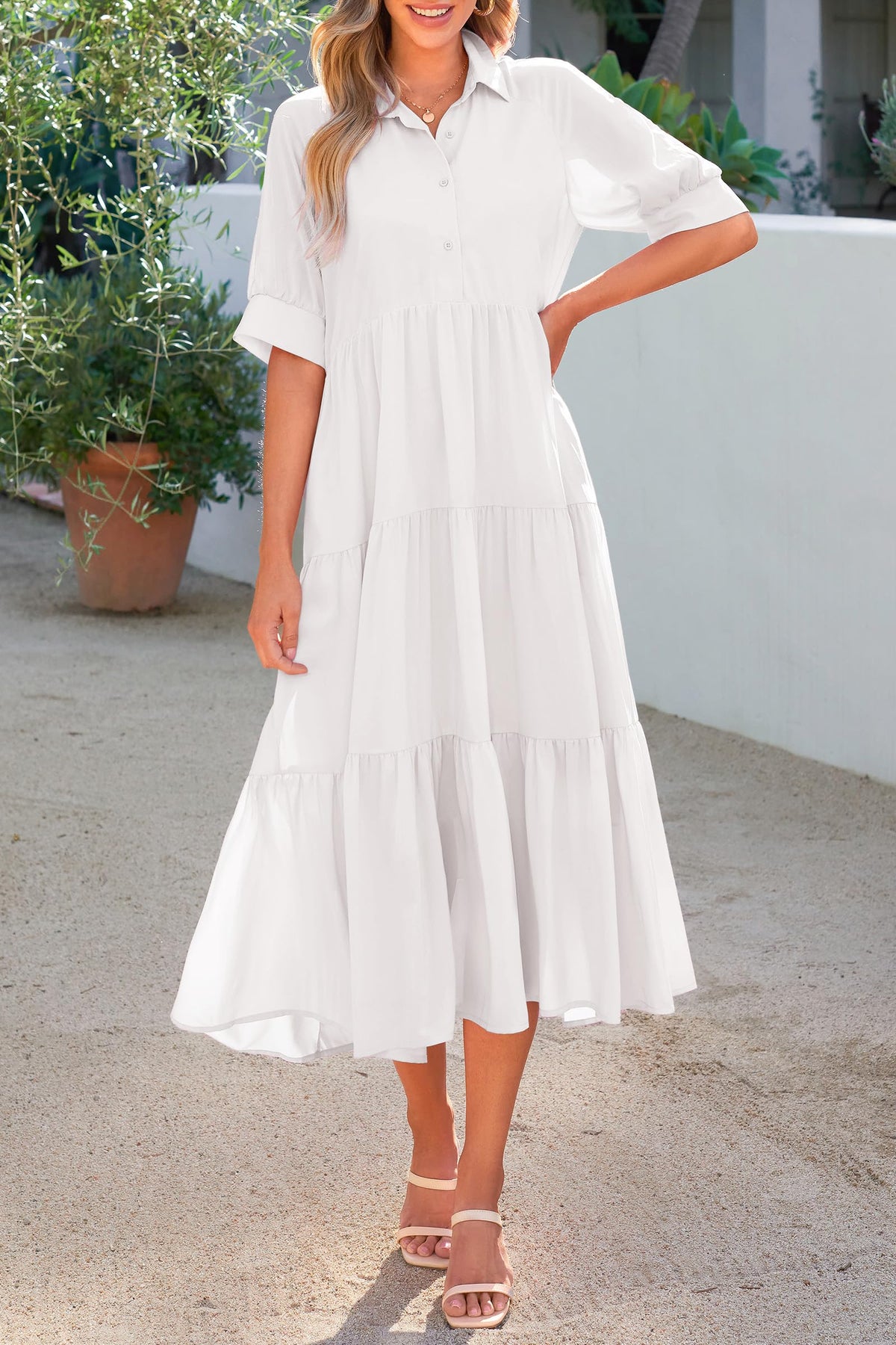 Button Up Ruffle A Line Flowy Maxi Dress