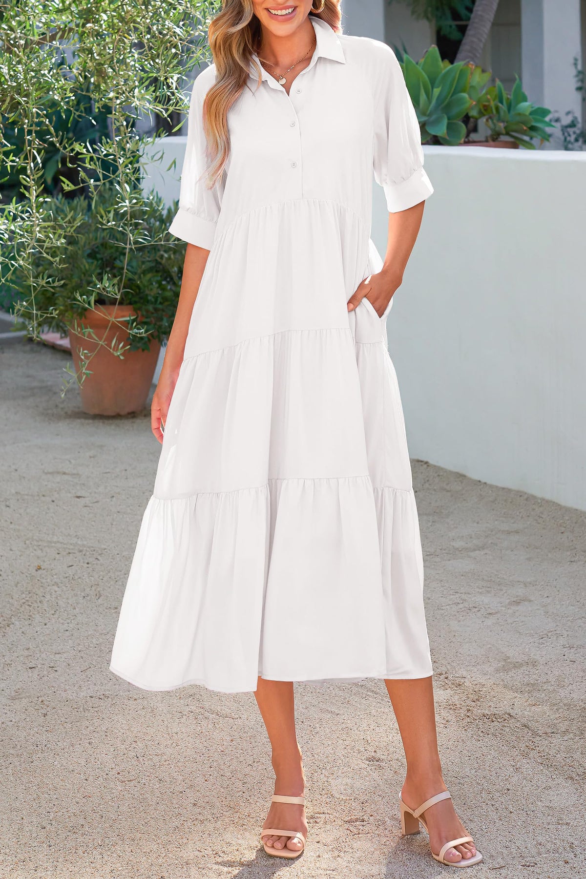 Button Up Ruffle A Line Flowy Maxi Dress