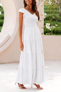 Cap Sleeve V Neck Smocked Beach Maxi Dresses