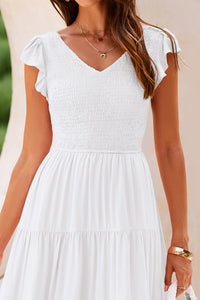 Cap Sleeve V Neck Smocked Beach Maxi Dresses