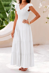 Cap Sleeve V Neck Smocked Beach Maxi Dresses