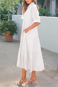 Button Up Ruffle A Line Flowy Maxi Dress