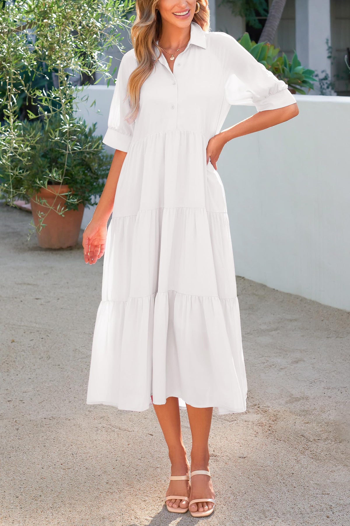 Button Up Ruffle A Line Flowy Maxi Dress