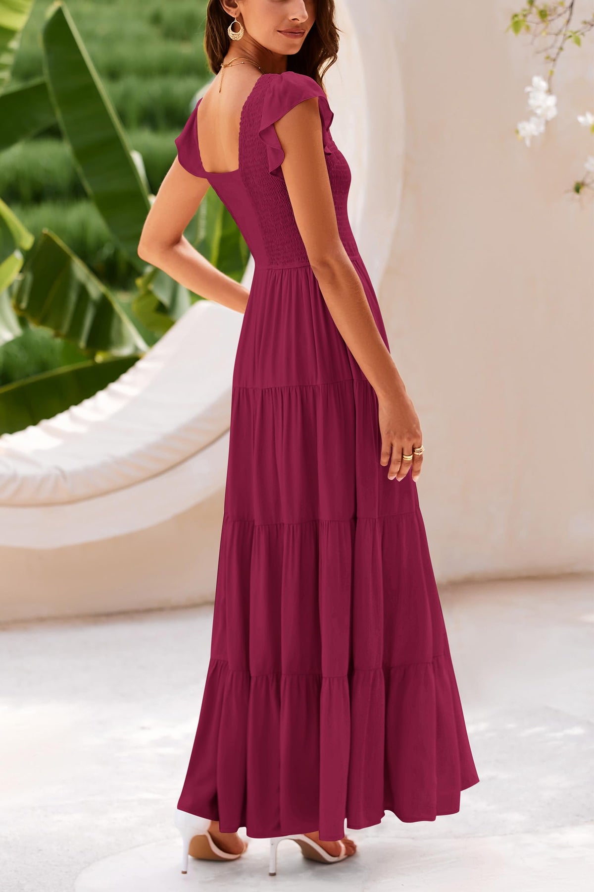 Cap Sleeve V Neck Smocked Beach Maxi Dresses