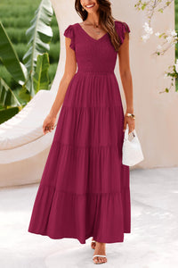 Cap Sleeve V Neck Smocked Beach Maxi Dresses