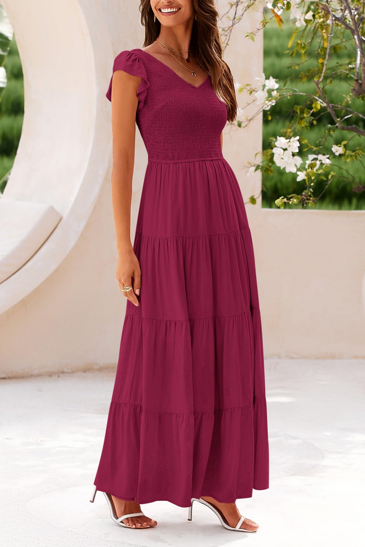 Cap Sleeve V Neck Smocked Beach Maxi Dresses