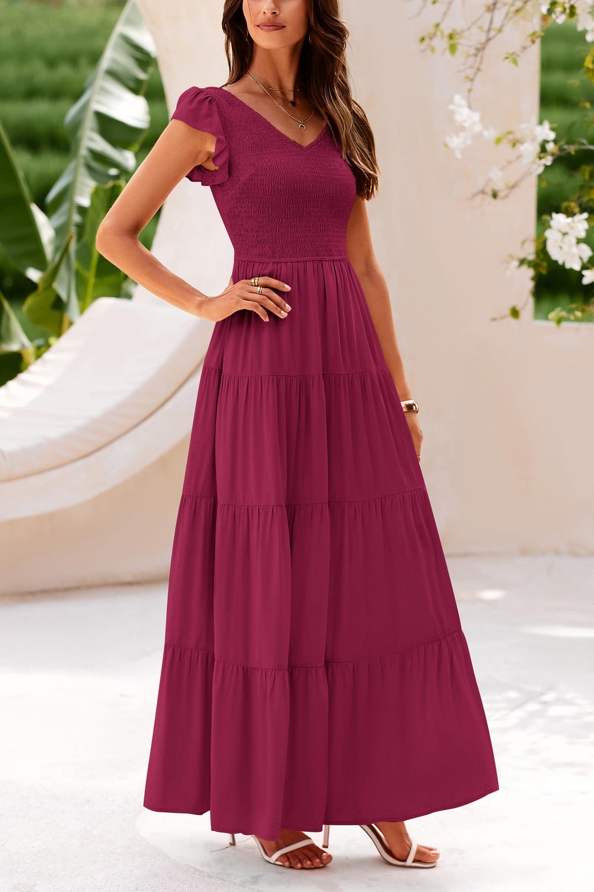 Cap Sleeve V Neck Smocked Beach Maxi Dresses