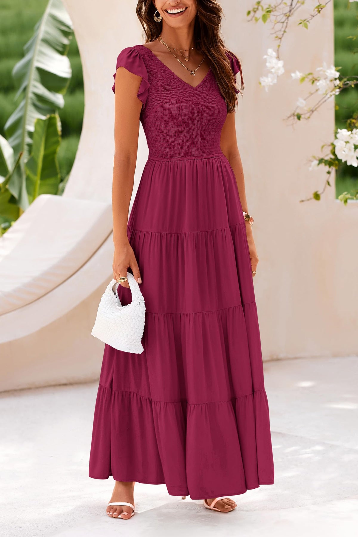 Cap Sleeve V Neck Smocked Beach Maxi Dresses