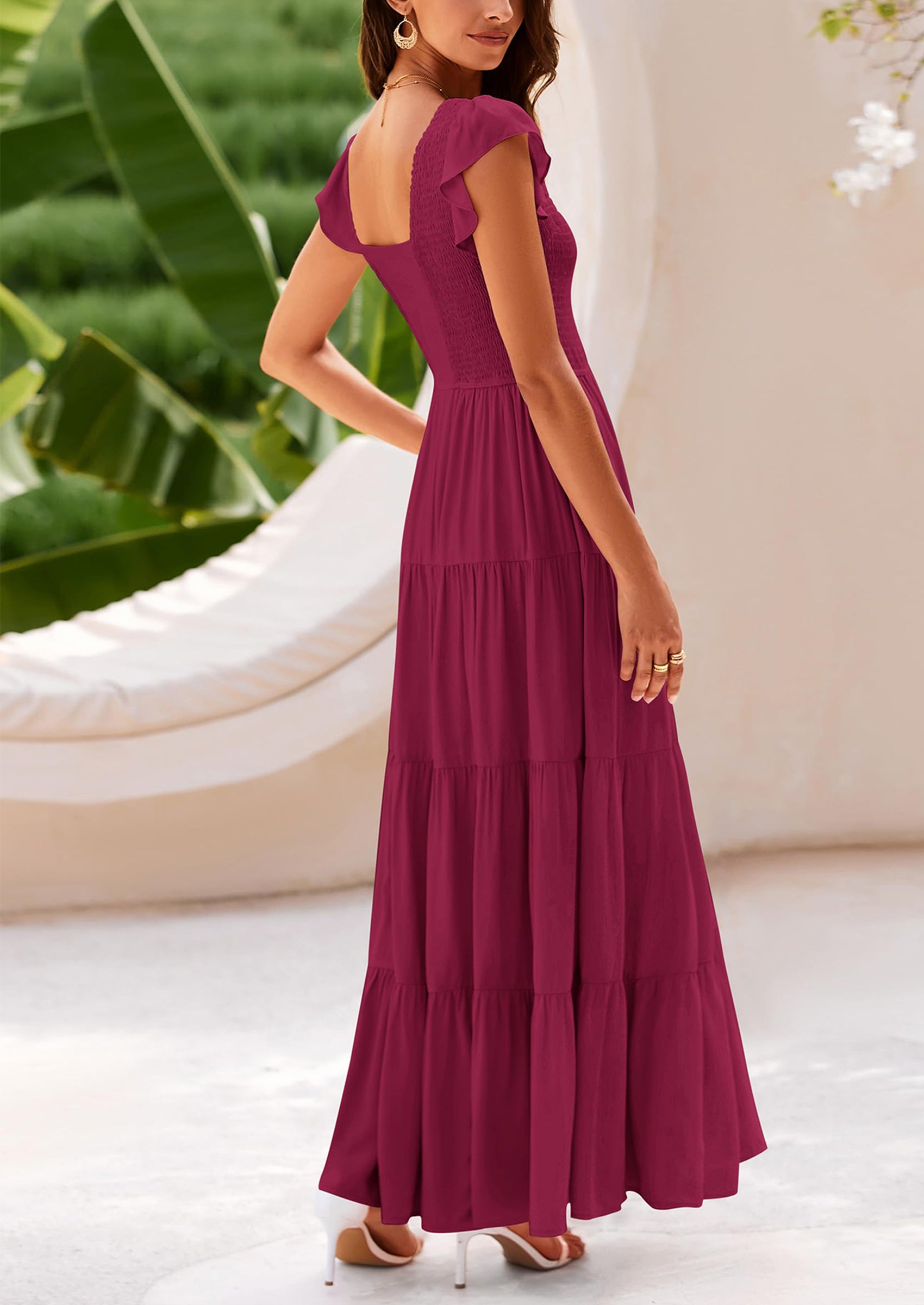 PRETTYGARDEN Women's Flowy Maxi Dress Casual Cap Sleeve V Neck Smocked Beach Sundress