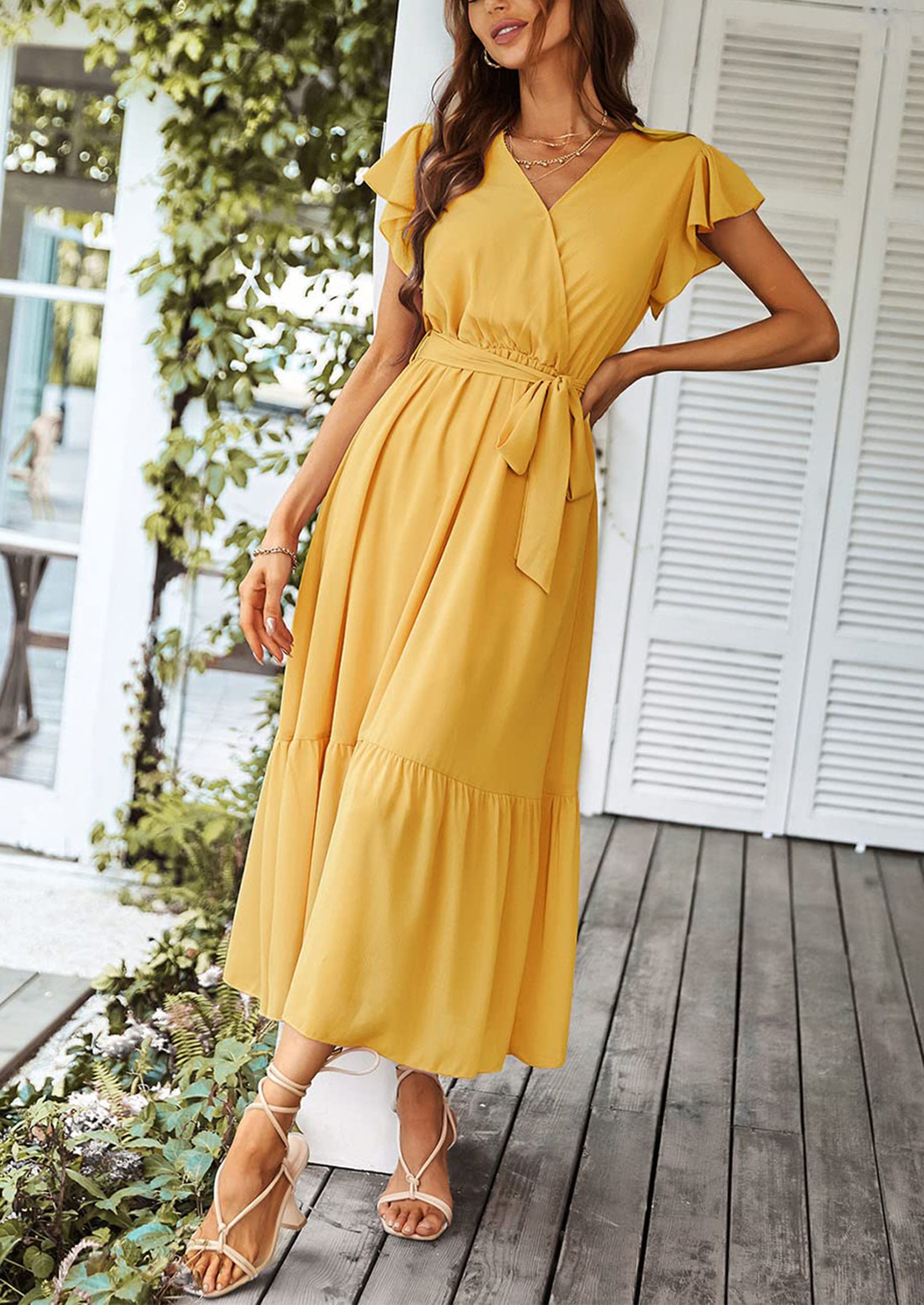 PRETTYGARDEN Women's Summer Floral Boho Maxi Dress Wrap Short Sleeve V Neck Ruffle A-Line Flowy Wedding Guest Long Dresses