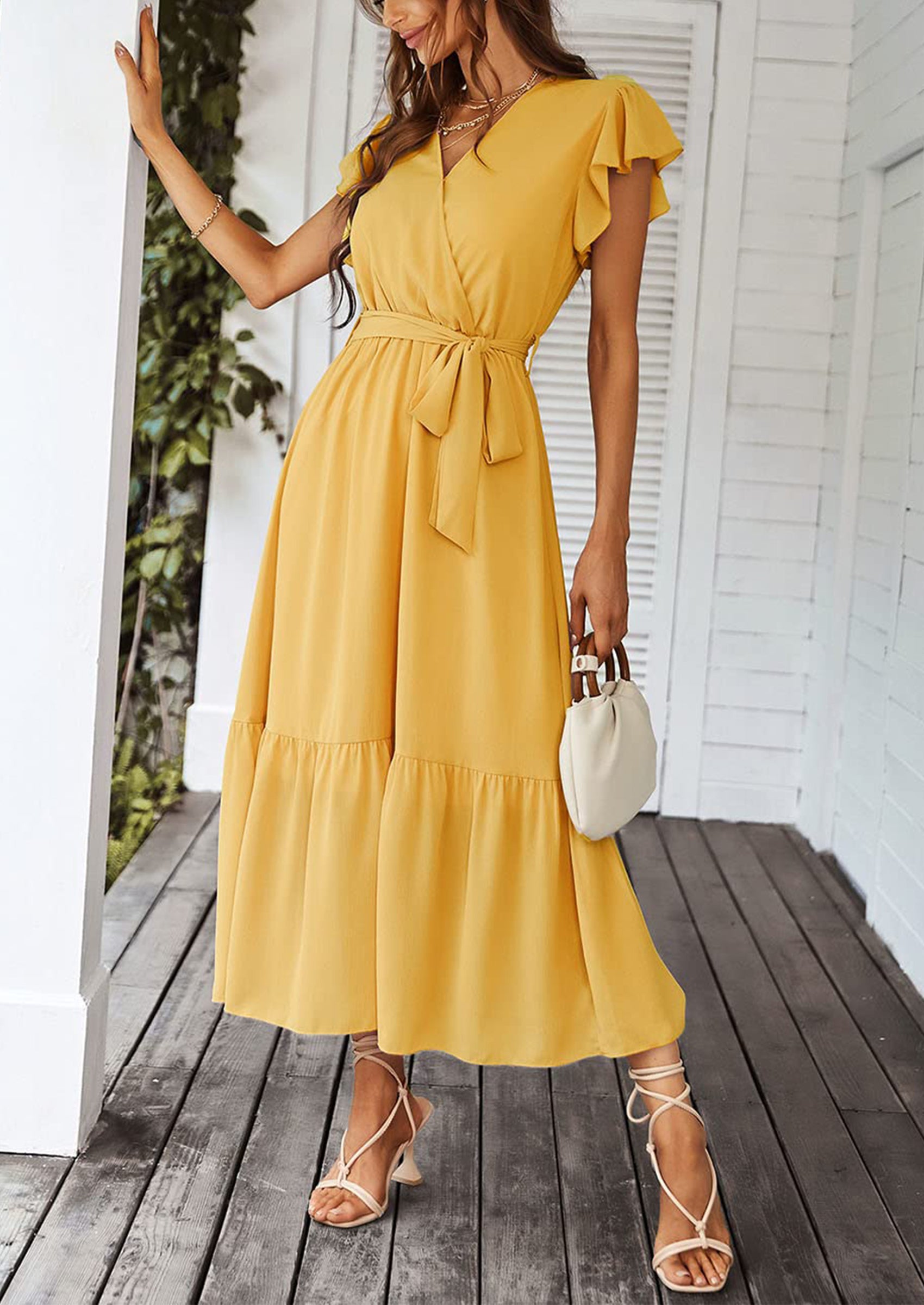 PRETTYGARDEN Women's Summer Floral Boho Maxi Dress Wrap Short Sleeve V Neck Ruffle A-Line Flowy Wedding Guest Long Dresses