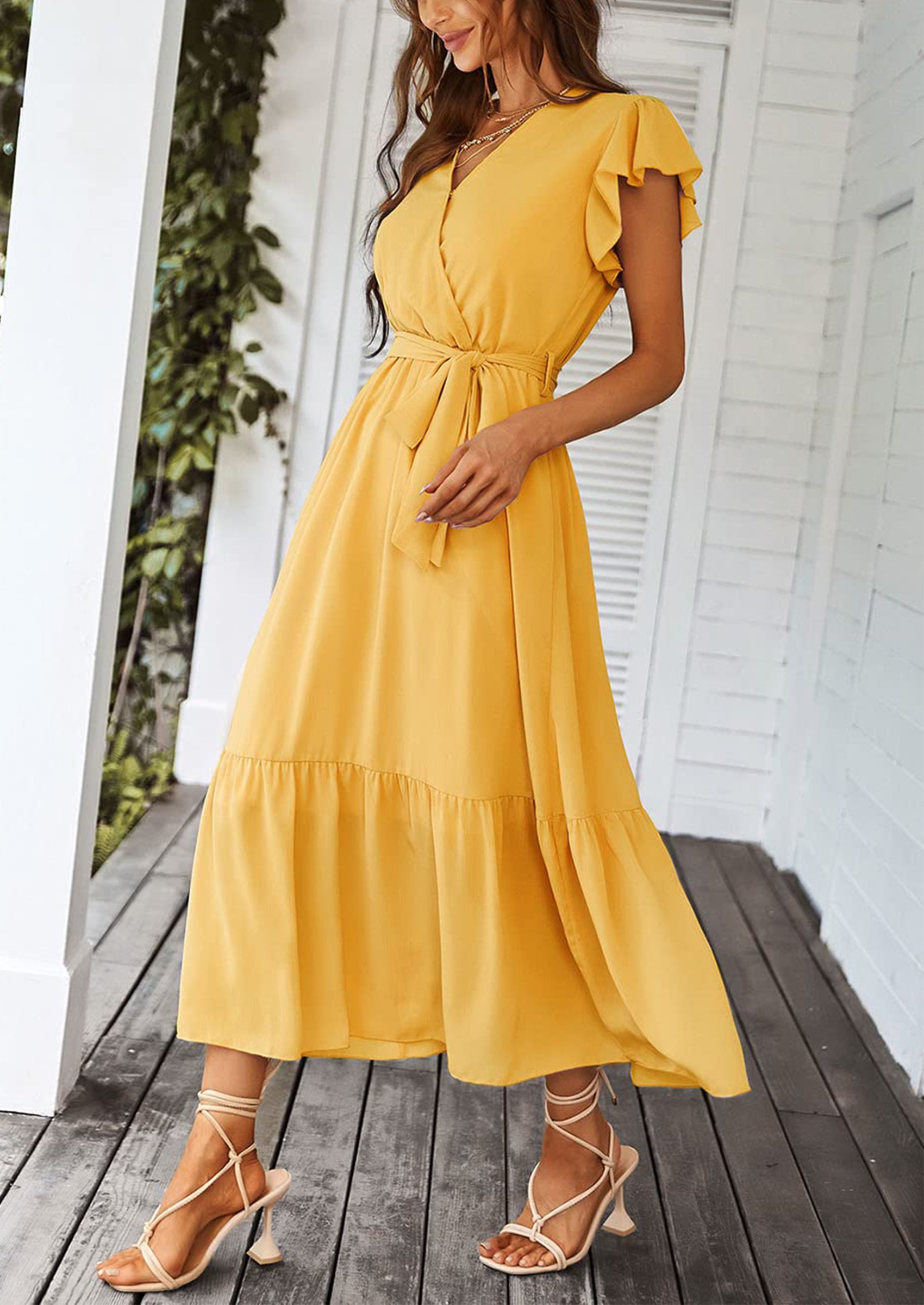 PRETTYGARDEN Women's Summer Floral Boho Maxi Dress Wrap Short Sleeve V Neck Ruffle A-Line Flowy Wedding Guest Long Dresses