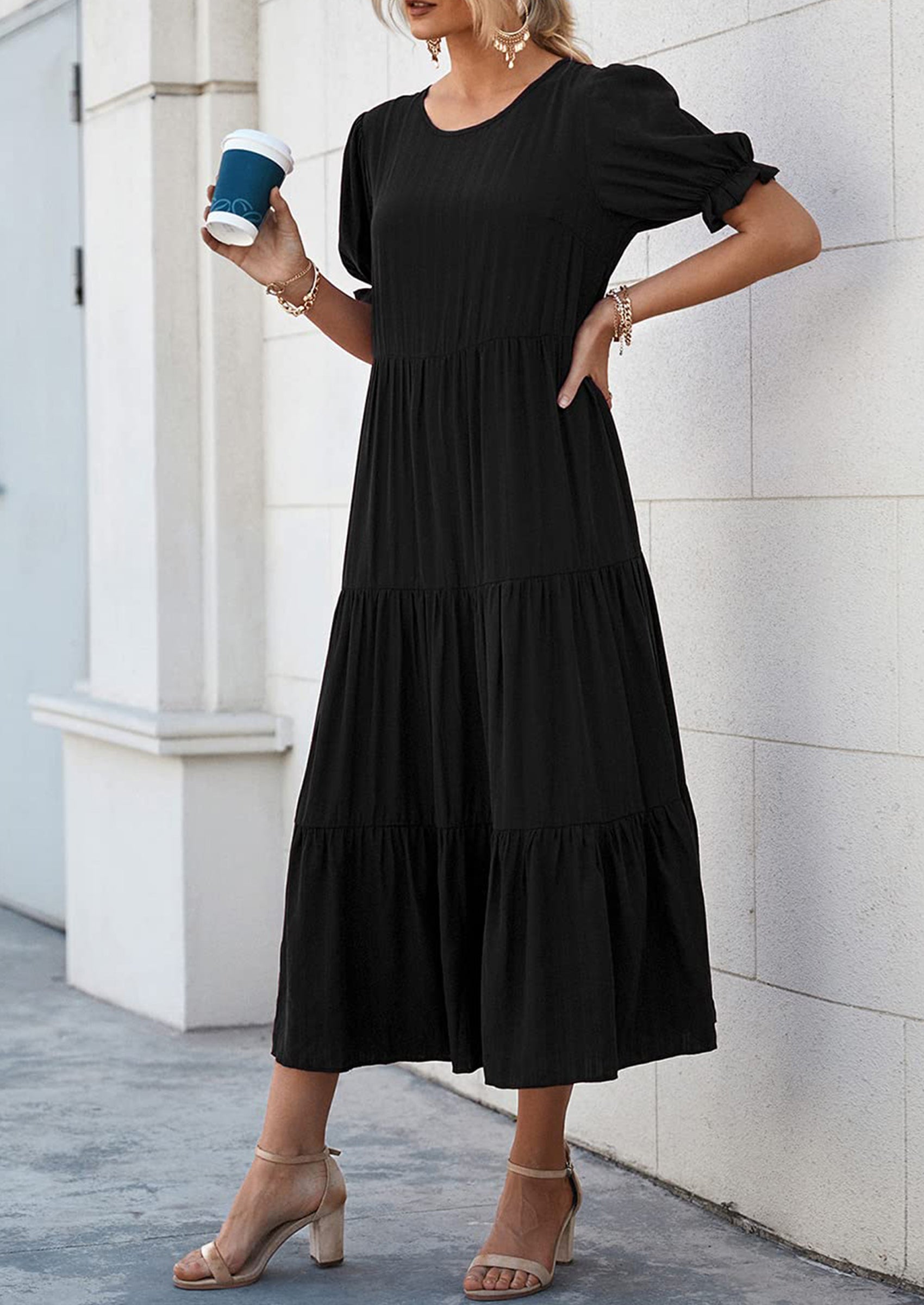 PRETTYGARDEN Women's Summer Casual Floral Boho Dress Puff Short Sleeve Ruffle Flowy Beach Party Midi Dresses