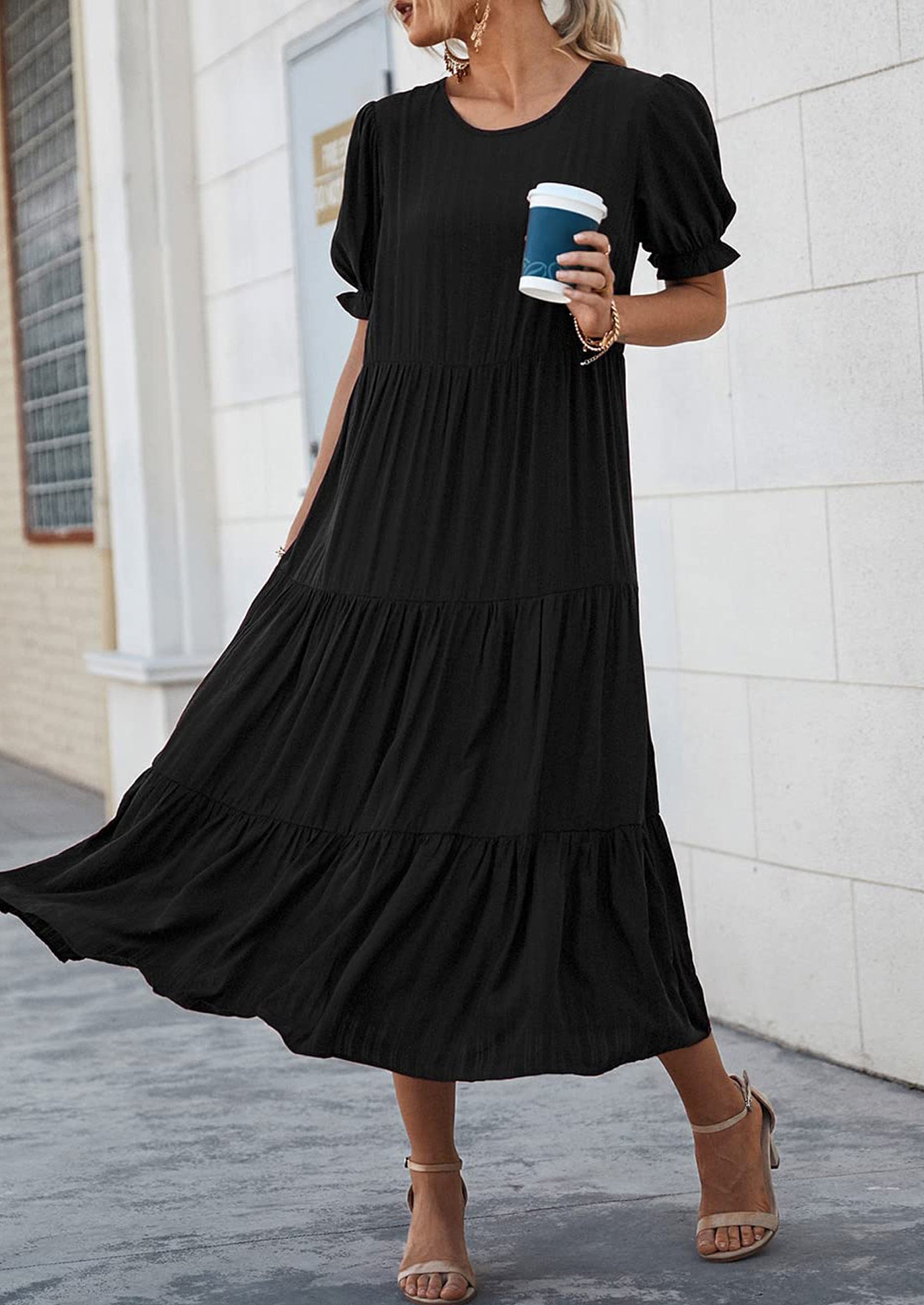 PRETTYGARDEN Women's Summer Casual Floral Boho Dress Puff Short Sleeve Ruffle Flowy Beach Party Midi Dresses