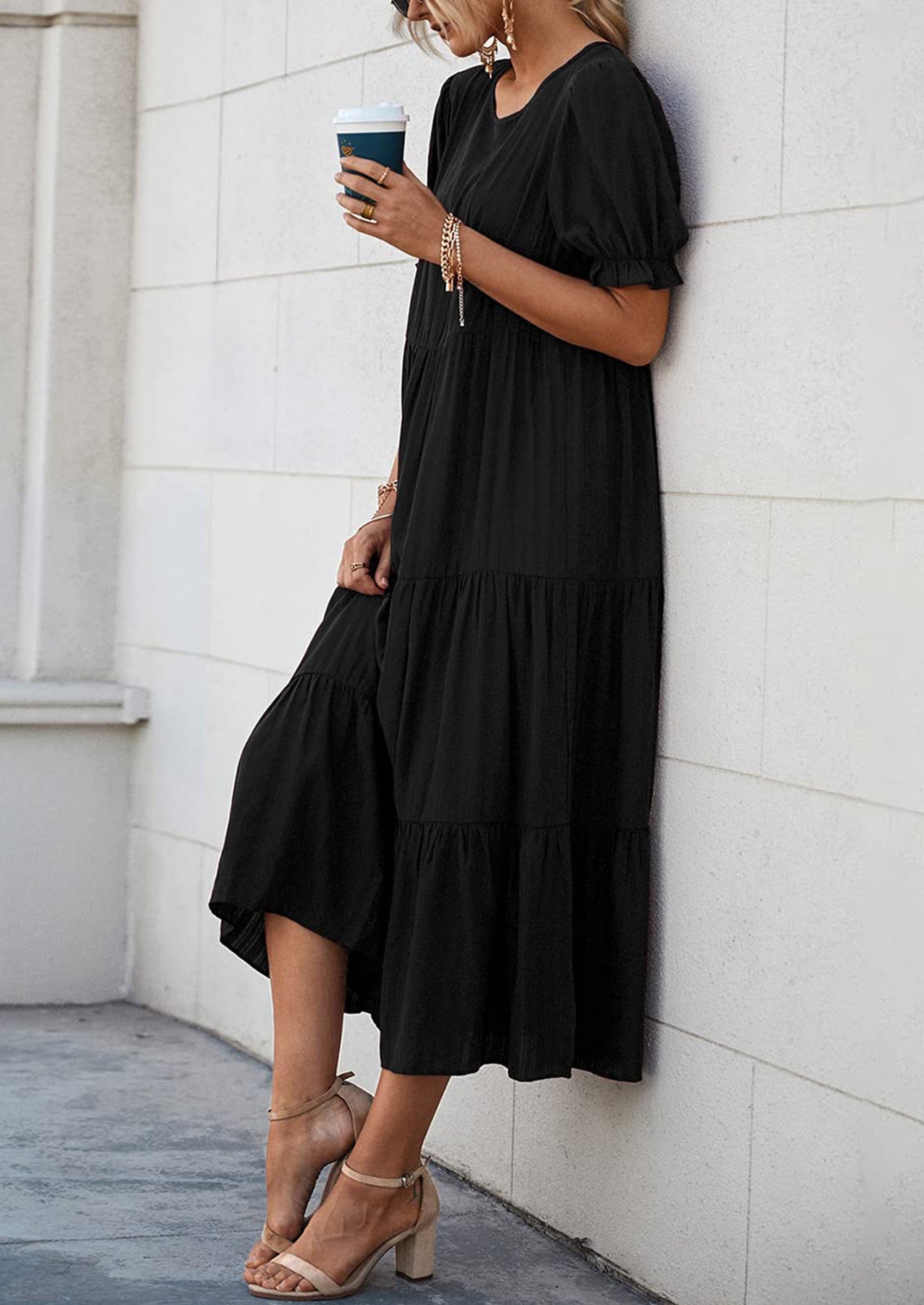 PRETTYGARDEN Women's Summer Casual Floral Boho Dress Puff Short Sleeve Ruffle Flowy Beach Party Midi Dresses