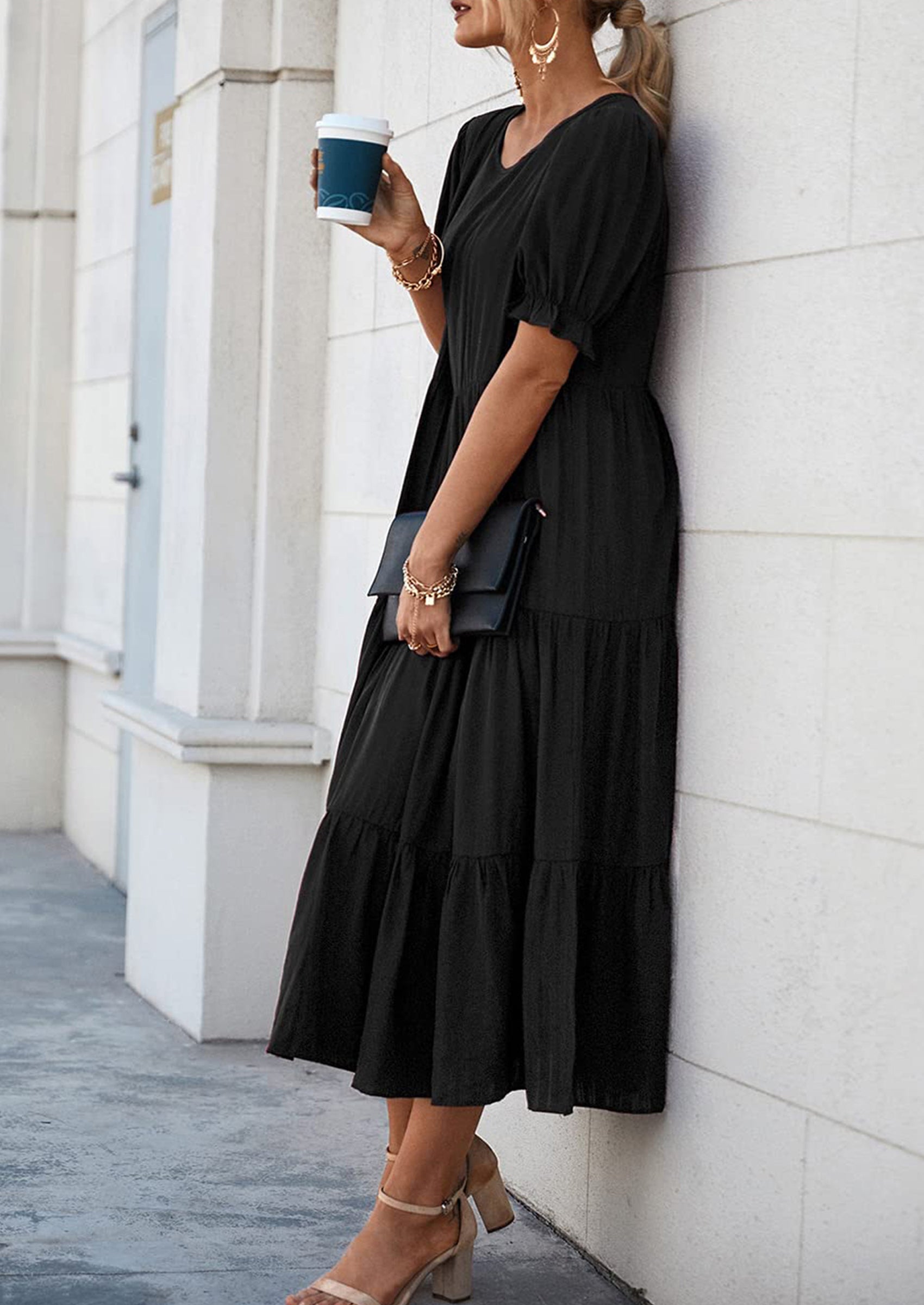 PRETTYGARDEN Women's Summer Casual Floral Boho Dress Puff Short Sleeve Ruffle Flowy Beach Party Midi Dresses