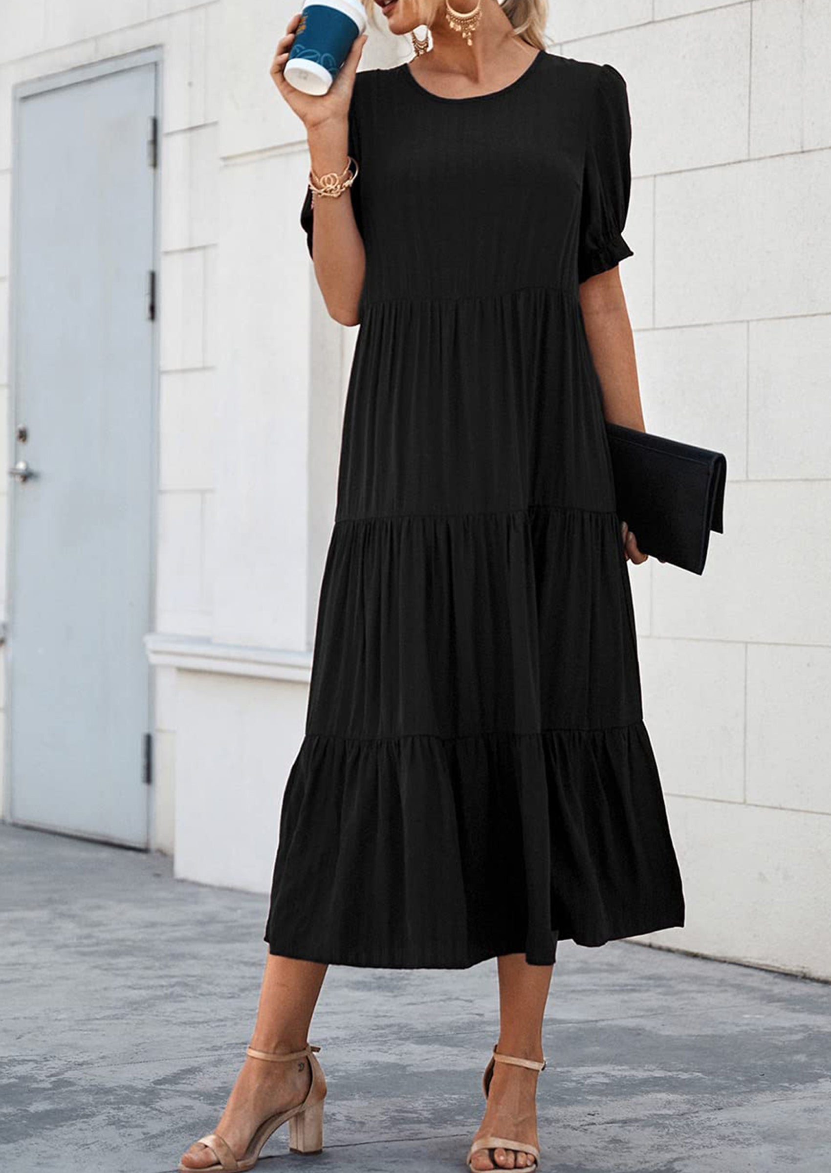 PRETTYGARDEN Women's Summer Casual Floral Boho Dress Puff Short Sleeve Ruffle Flowy Beach Party Midi Dresses