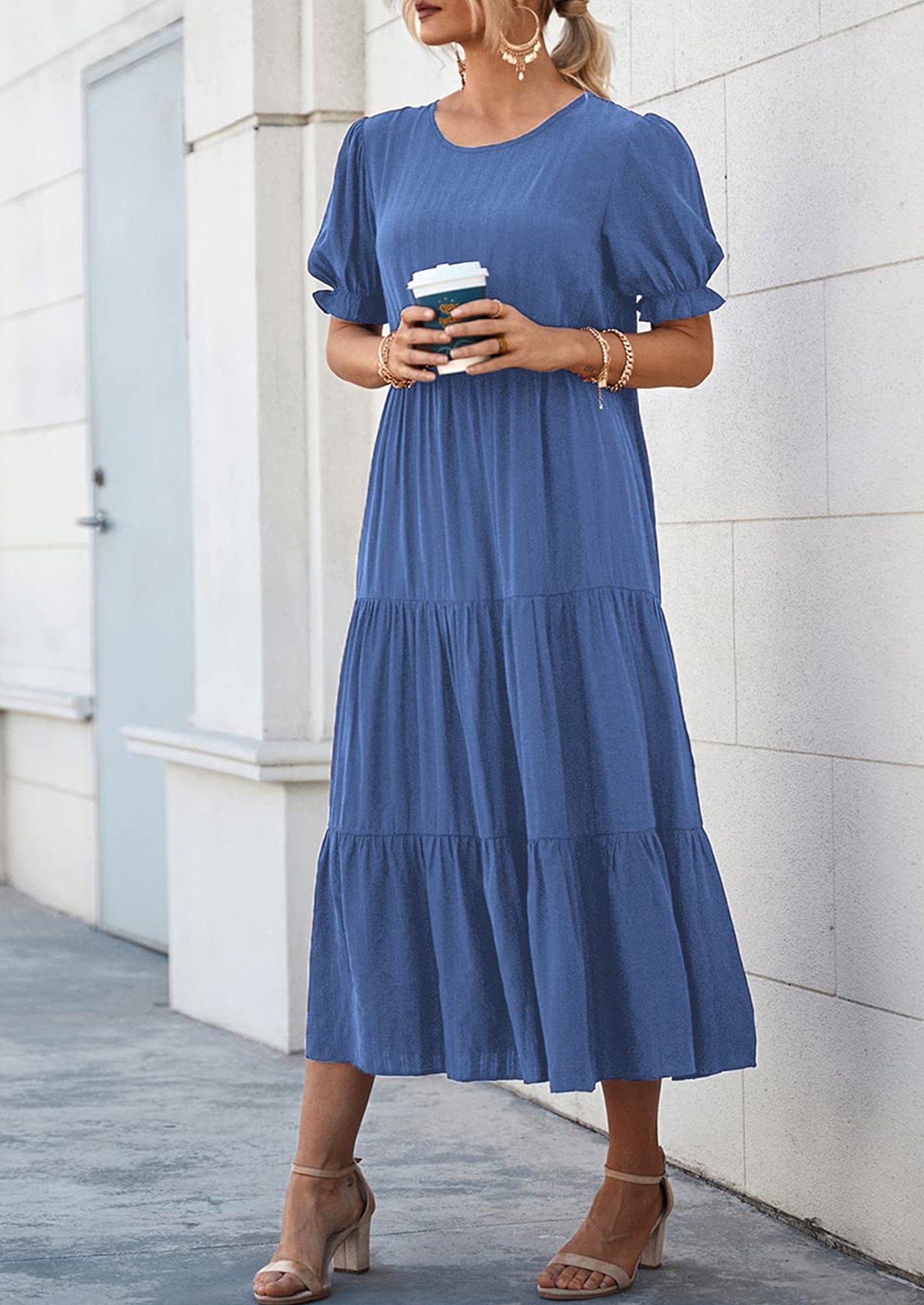 PRETTYGARDEN Women's Summer Casual Floral Boho Dress Puff Short Sleeve Ruffle Flowy Beach Party Midi Dresses