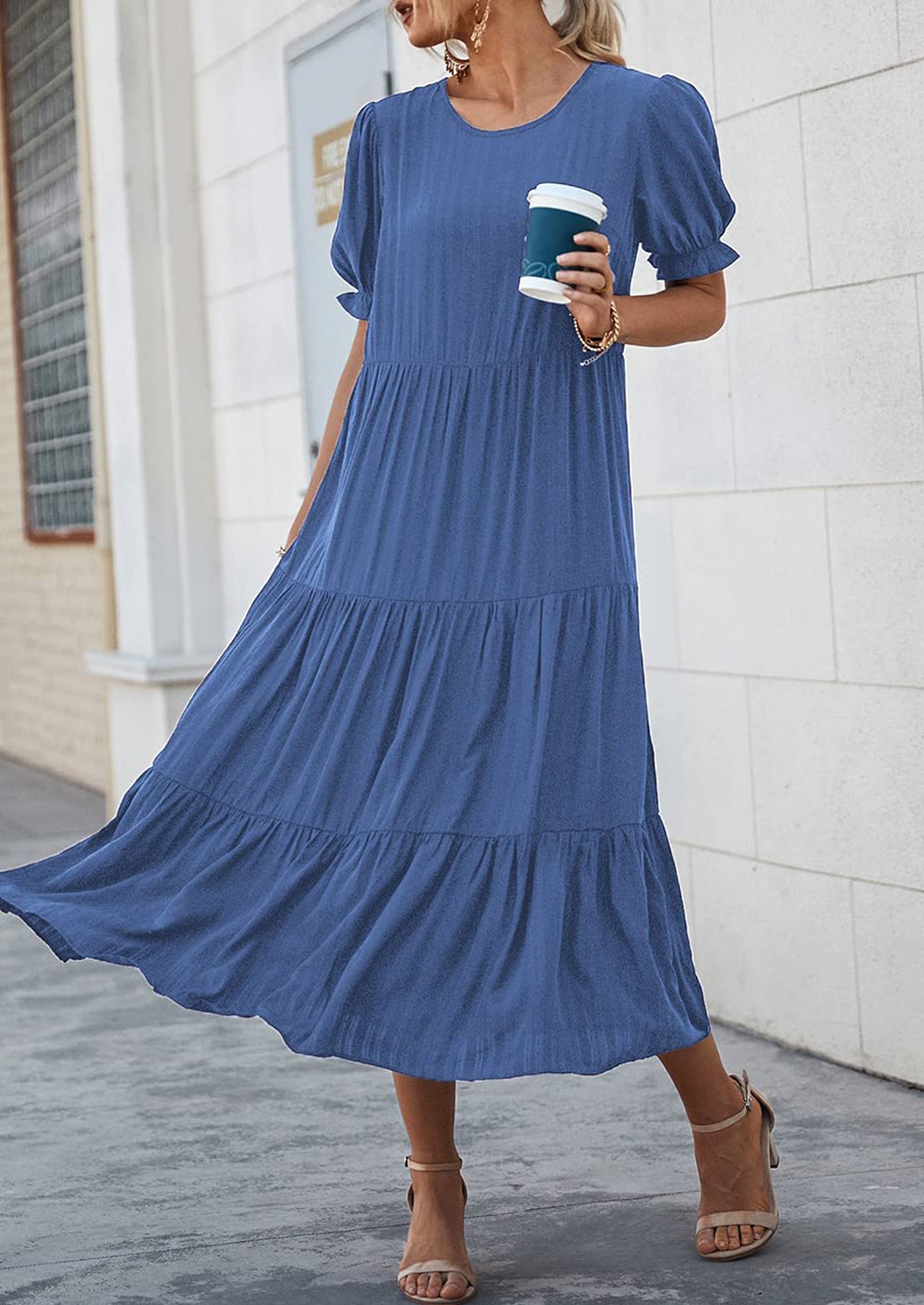 PRETTYGARDEN Women's Summer Casual Floral Boho Dress Puff Short Sleeve Ruffle Flowy Beach Party Midi Dresses