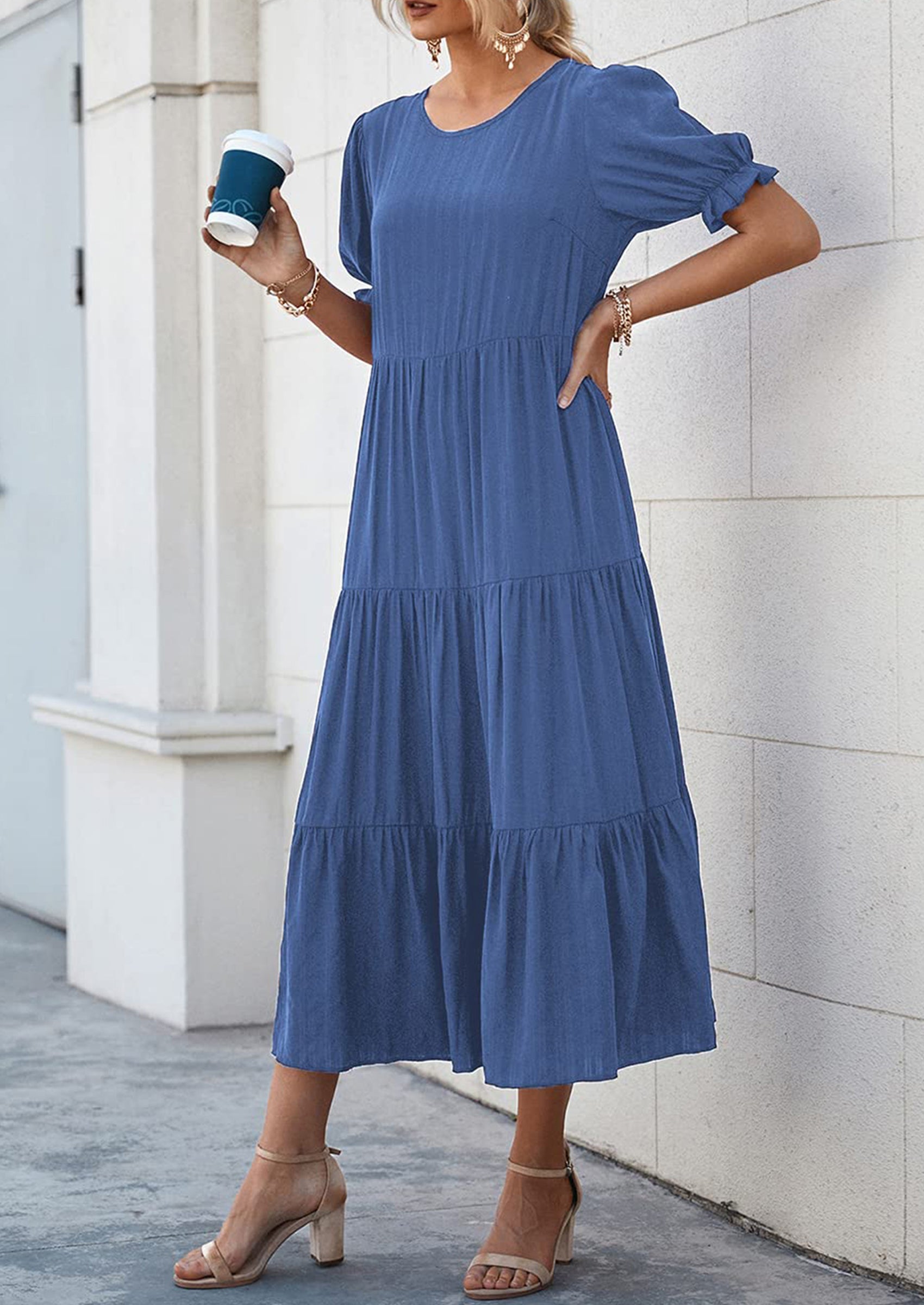 PRETTYGARDEN Women's Summer Casual Floral Boho Dress Puff Short Sleeve Ruffle Flowy Beach Party Midi Dresses