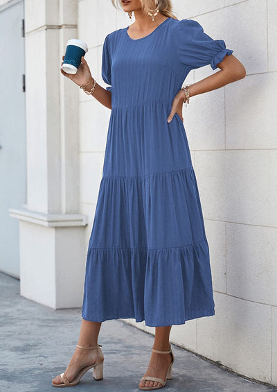 PRETTYGARDEN Women's Summer Casual Floral Boho Dress Puff Short Sleeve Ruffle Flowy Beach Party Midi Dresses