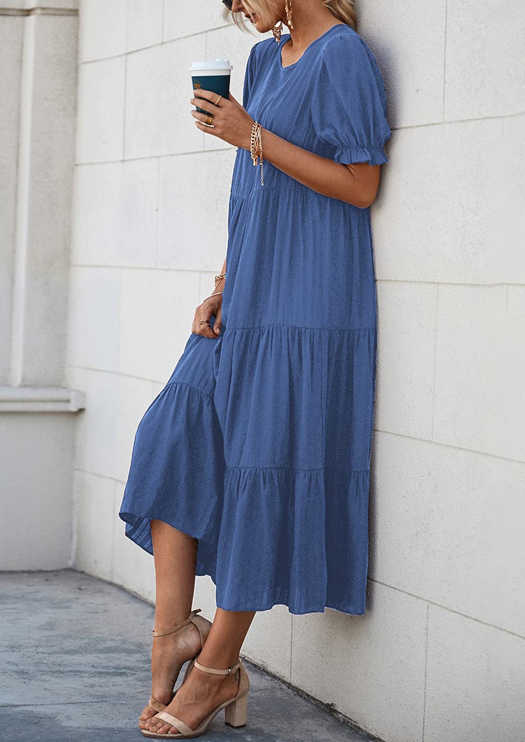 PRETTYGARDEN Women's Summer Casual Floral Boho Dress Puff Short Sleeve Ruffle Flowy Beach Party Midi Dresses