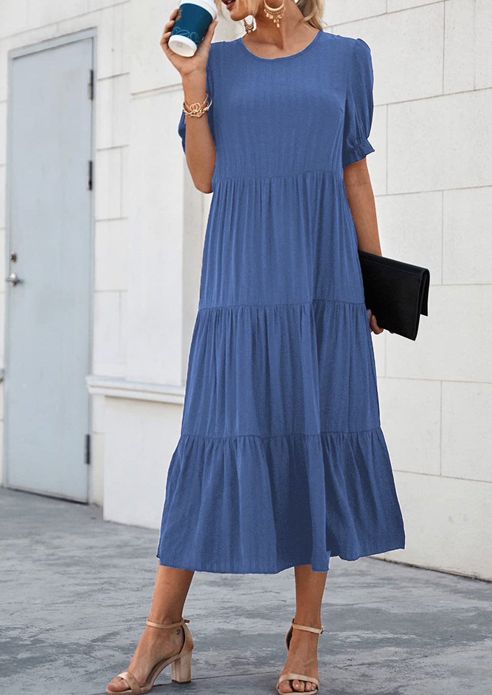 PRETTYGARDEN Women's Summer Casual Floral Boho Dress Puff Short Sleeve Ruffle Flowy Beach Party Midi Dresses