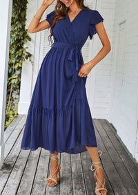 PRETTYGARDEN Women's Summer Floral Boho Maxi Dress Wrap Short Sleeve V Neck Ruffle A-Line Flowy Wedding Guest Long Dresses