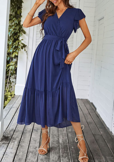 PRETTYGARDEN Women's Summer Floral Boho Maxi Dress Wrap Short Sleeve V Neck Ruffle A-Line Flowy Wedding Guest Long Dresses