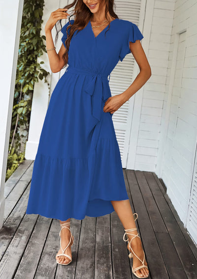 PRETTYGARDEN Women's Summer Floral Boho Maxi Dress Wrap Short Sleeve V Neck Ruffle A-Line Flowy Wedding Guest Long Dresses