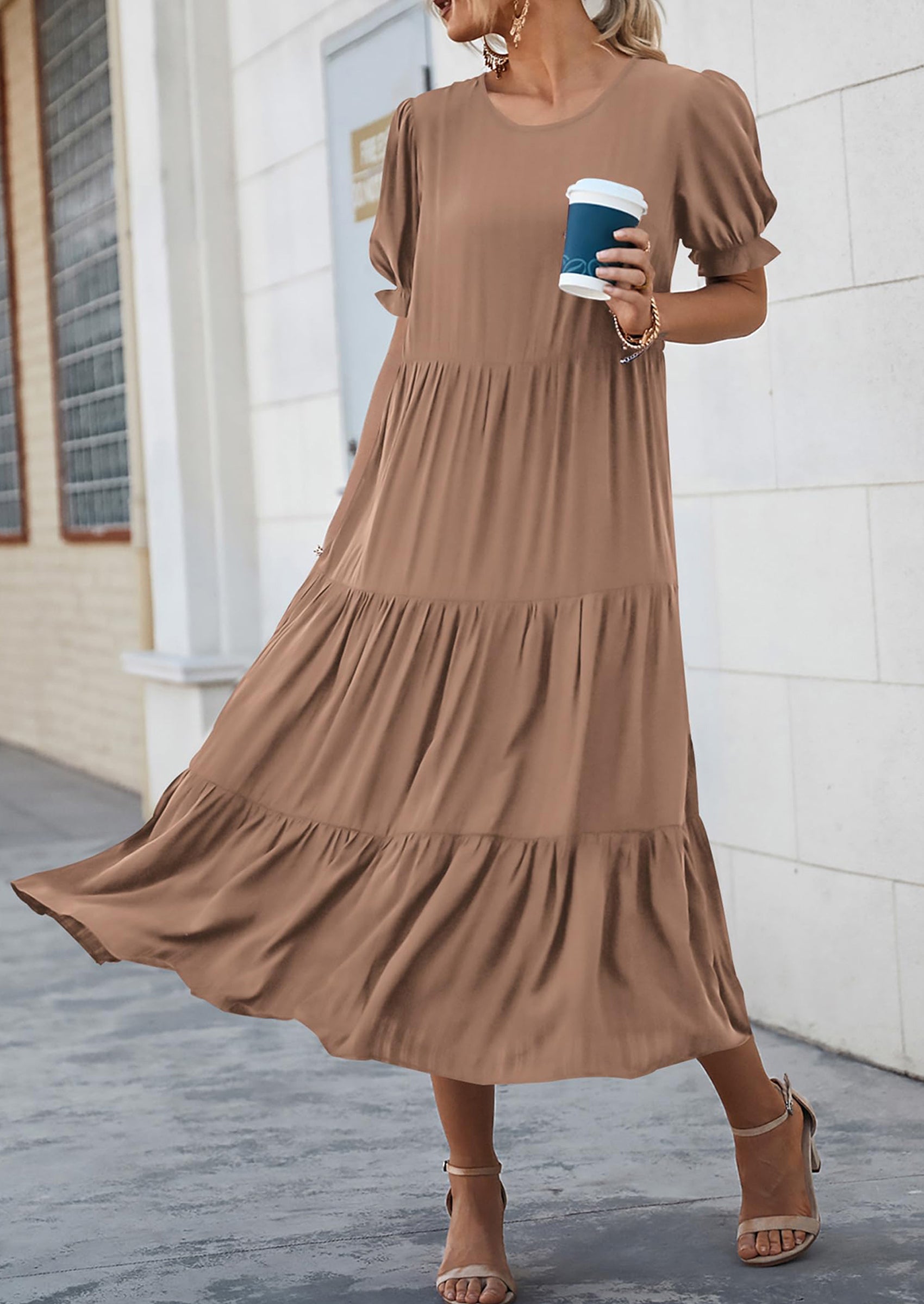 PRETTYGARDEN Women's Summer Casual Floral Boho Dress Puff Short Sleeve Ruffle Flowy Beach Party Midi Dresses