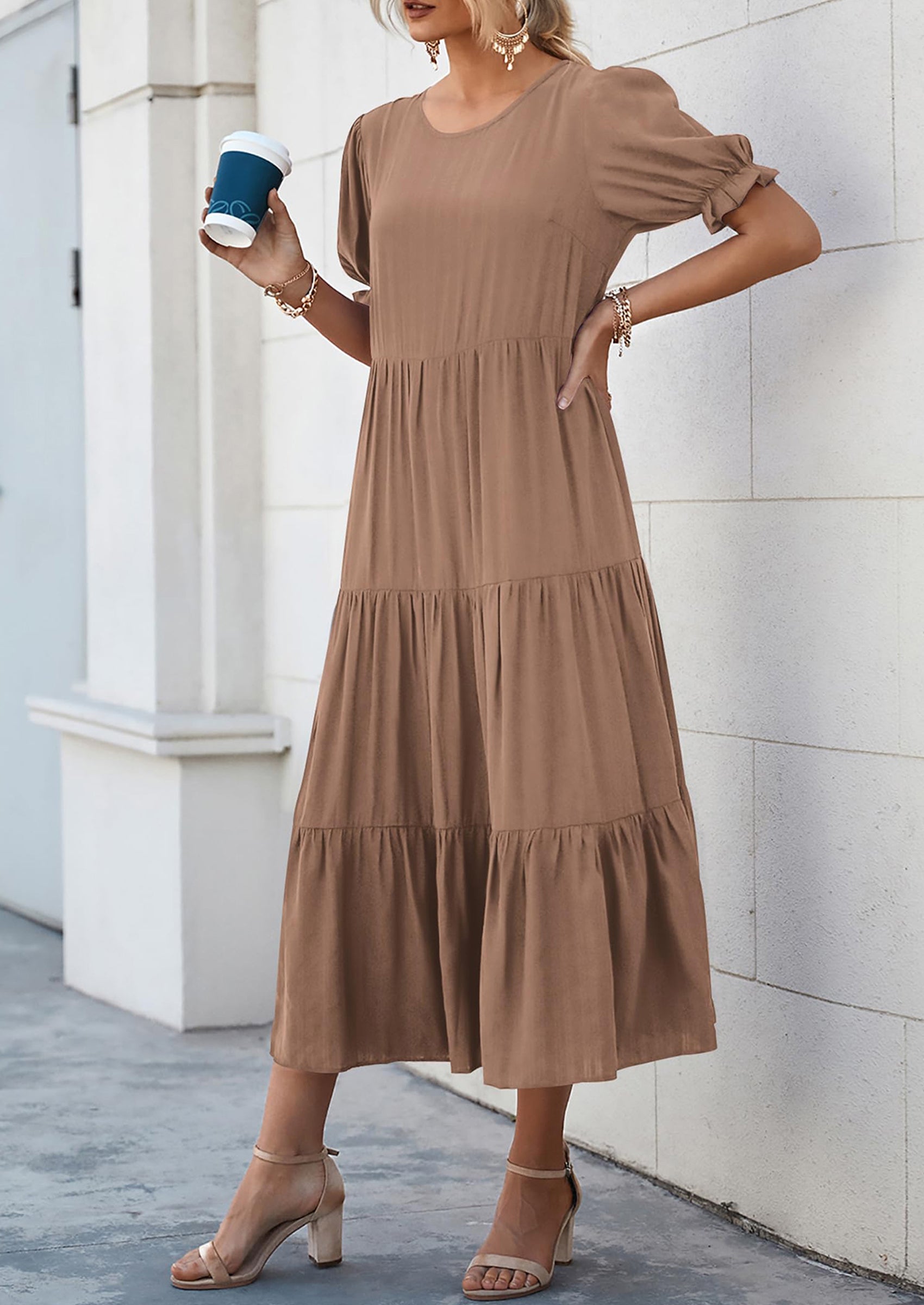 PRETTYGARDEN Women's Summer Casual Floral Boho Dress Puff Short Sleeve Ruffle Flowy Beach Party Midi Dresses