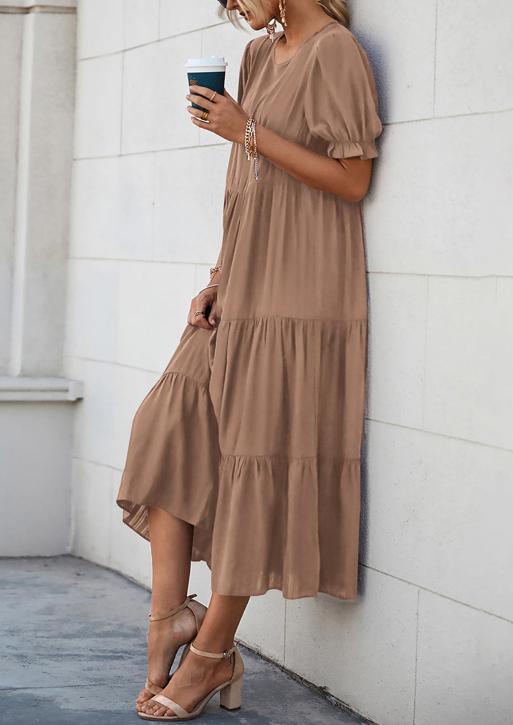 PRETTYGARDEN Women's Summer Casual Floral Boho Dress Puff Short Sleeve Ruffle Flowy Beach Party Midi Dresses