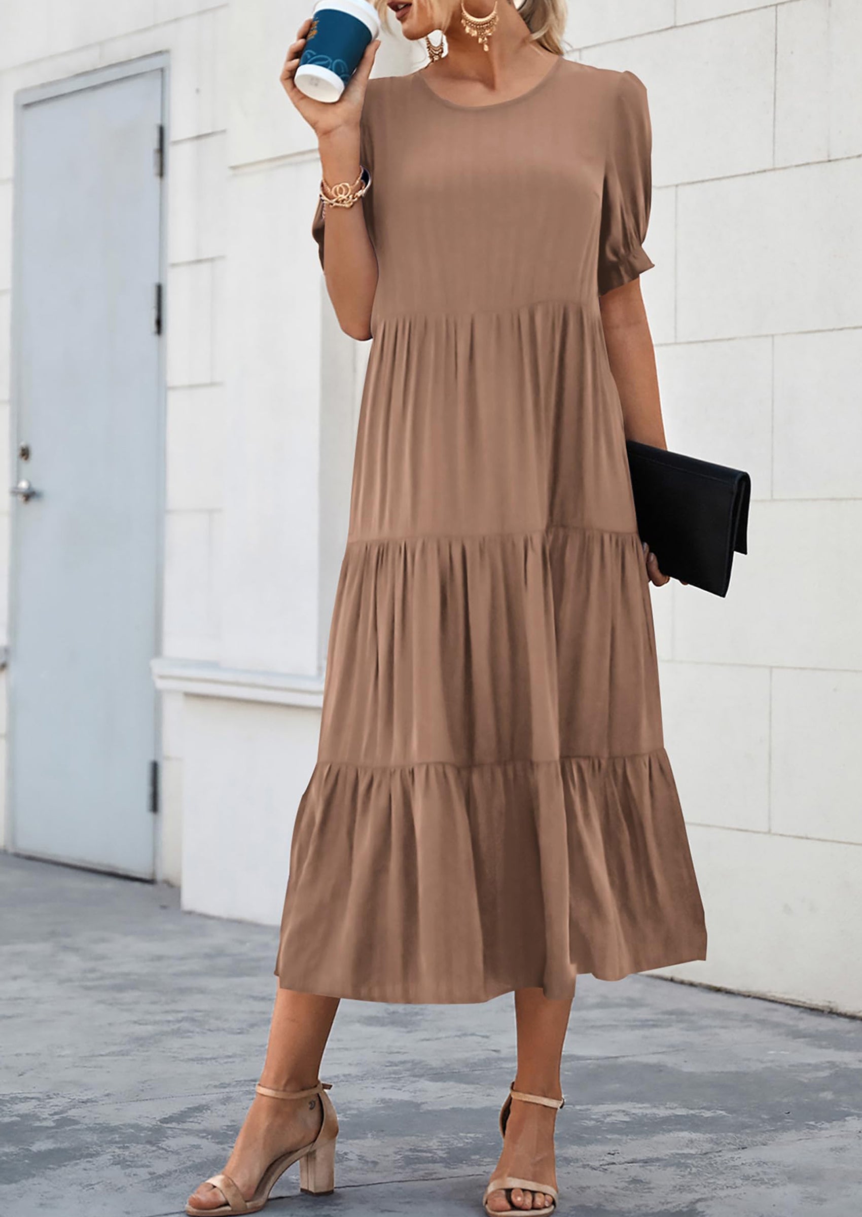 PRETTYGARDEN Women's Summer Casual Floral Boho Dress Puff Short Sleeve Ruffle Flowy Beach Party Midi Dresses