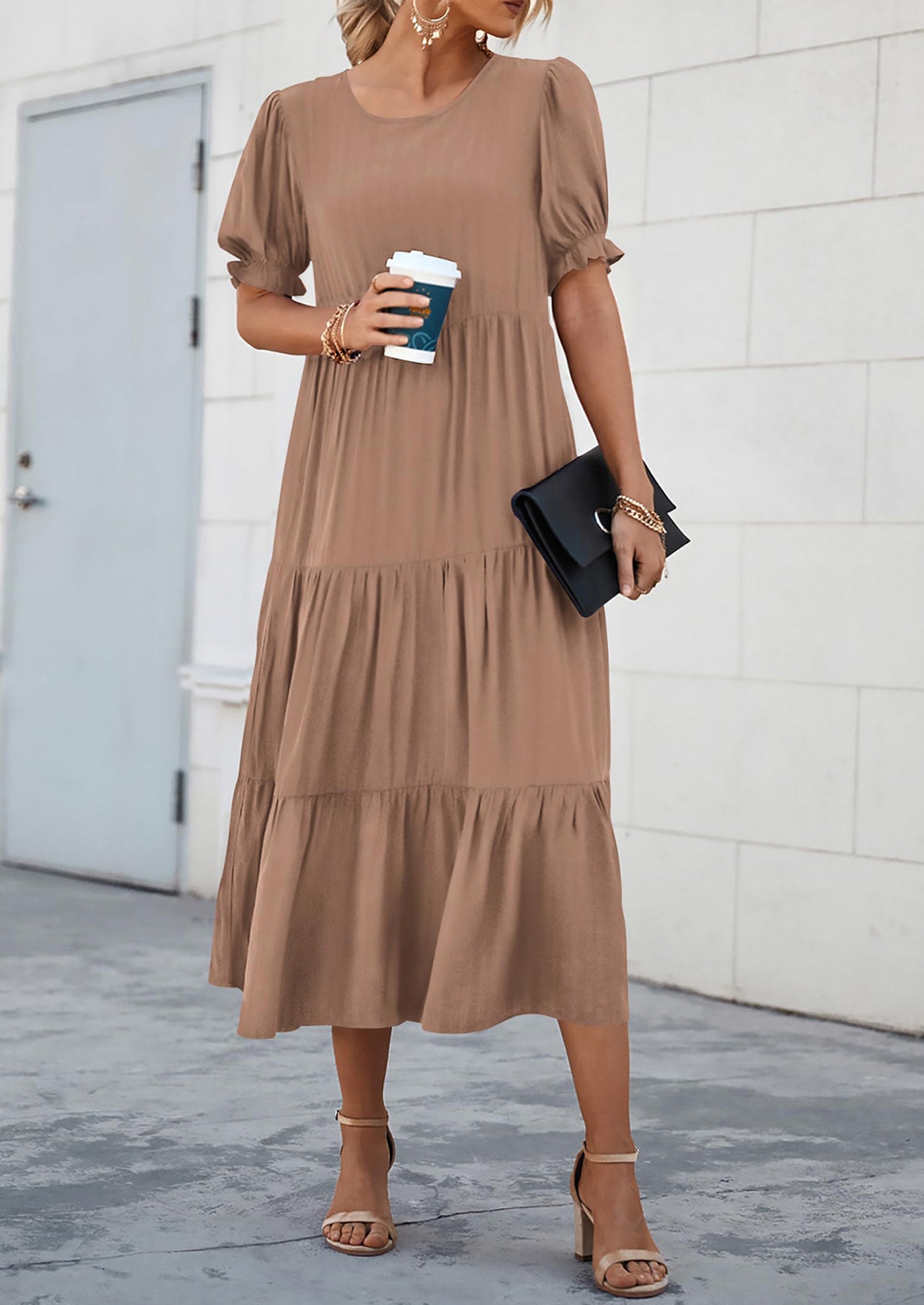 PRETTYGARDEN Women's Summer Casual Floral Boho Dress Puff Short Sleeve Ruffle Flowy Beach Party Midi Dresses