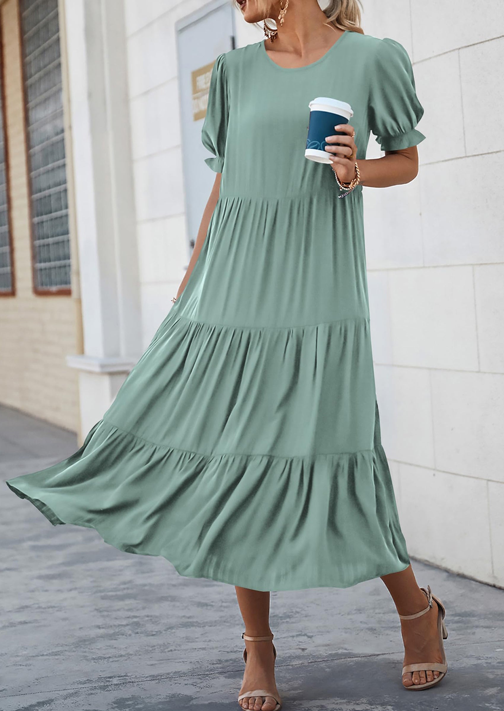 PRETTYGARDEN Women's Summer Casual Floral Boho Dress Puff Short Sleeve Ruffle Flowy Beach Party Midi Dresses