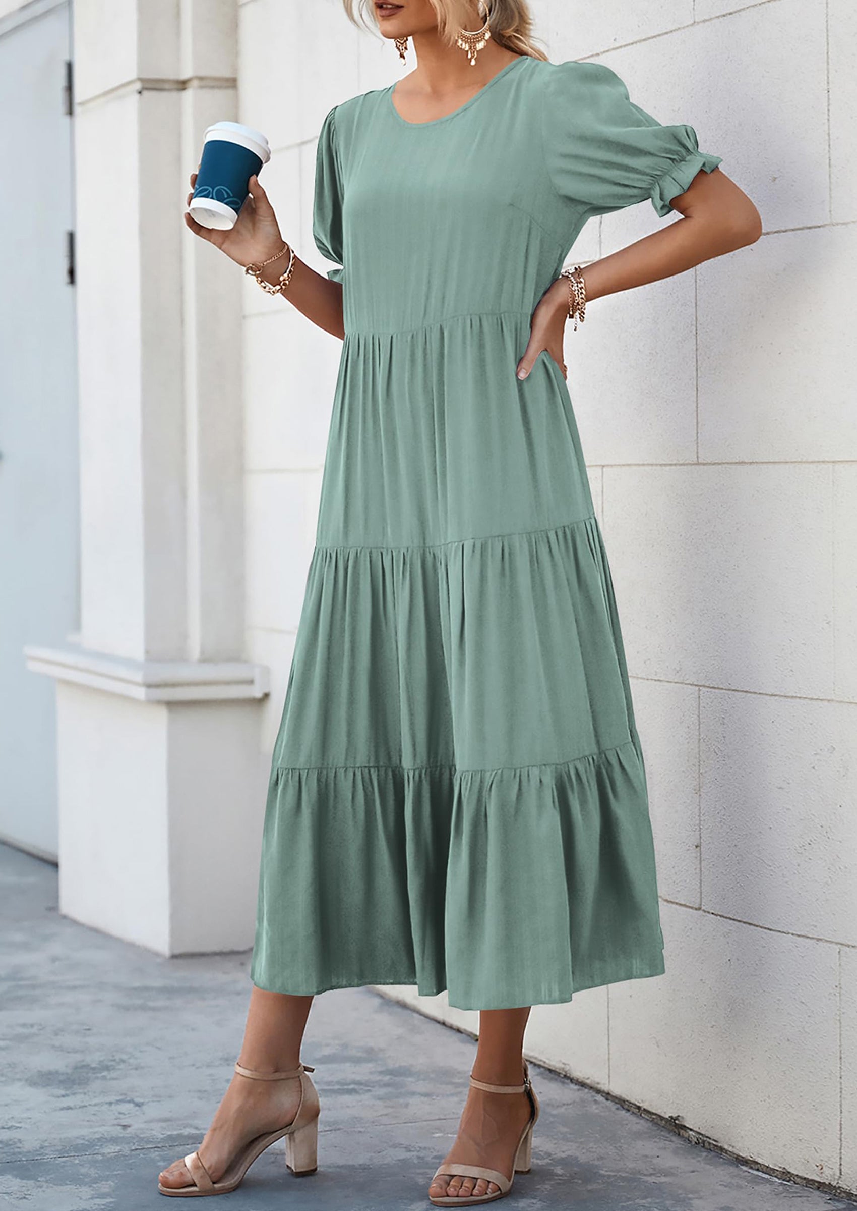 PRETTYGARDEN Women's Summer Casual Floral Boho Dress Puff Short Sleeve Ruffle Flowy Beach Party Midi Dresses