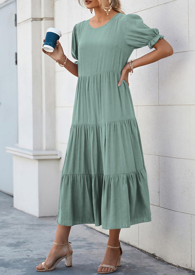 PRETTYGARDEN Women's Summer Casual Floral Boho Dress Puff Short Sleeve Ruffle Flowy Beach Party Midi Dresses