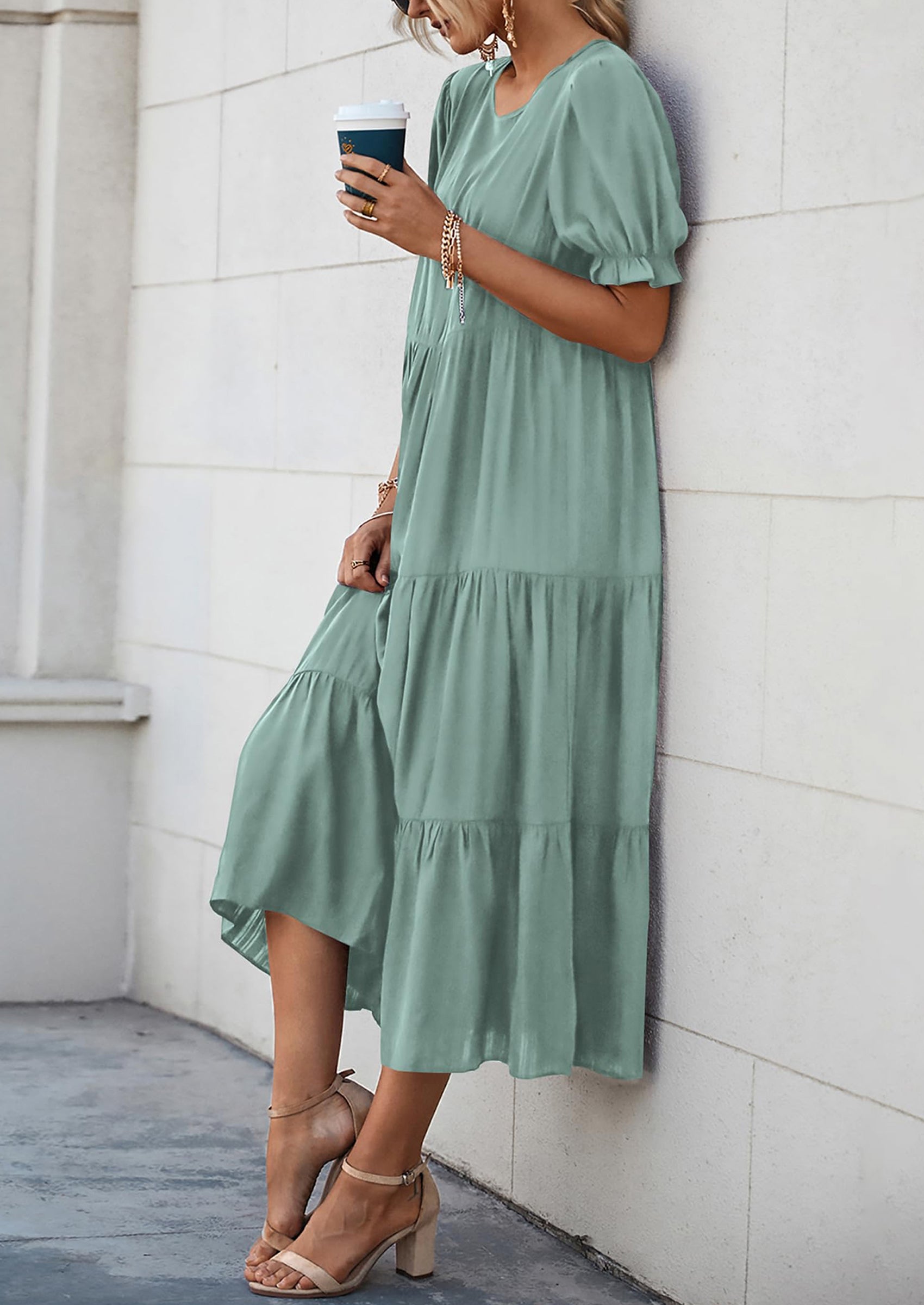 PRETTYGARDEN Women's Summer Casual Floral Boho Dress Puff Short Sleeve Ruffle Flowy Beach Party Midi Dresses