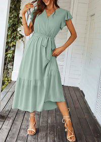 PRETTYGARDEN Women's Summer Floral Boho Maxi Dress Wrap Short Sleeve V Neck Ruffle A-Line Flowy Wedding Guest Long Dresses