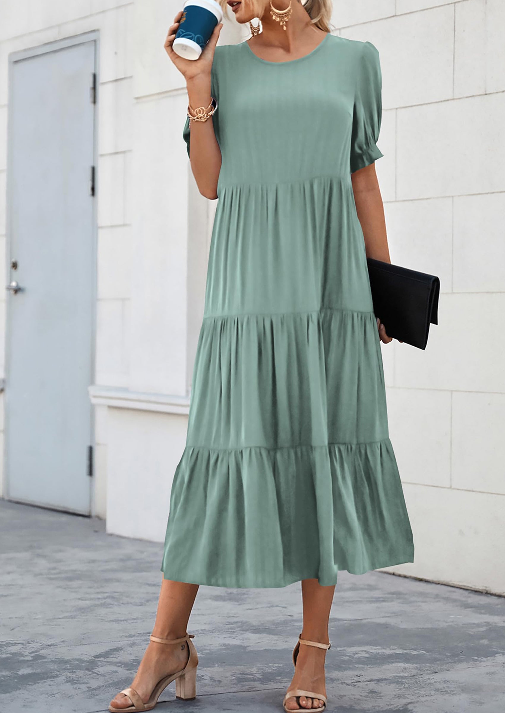 PRETTYGARDEN Women's Summer Casual Floral Boho Dress Puff Short Sleeve Ruffle Flowy Beach Party Midi Dresses