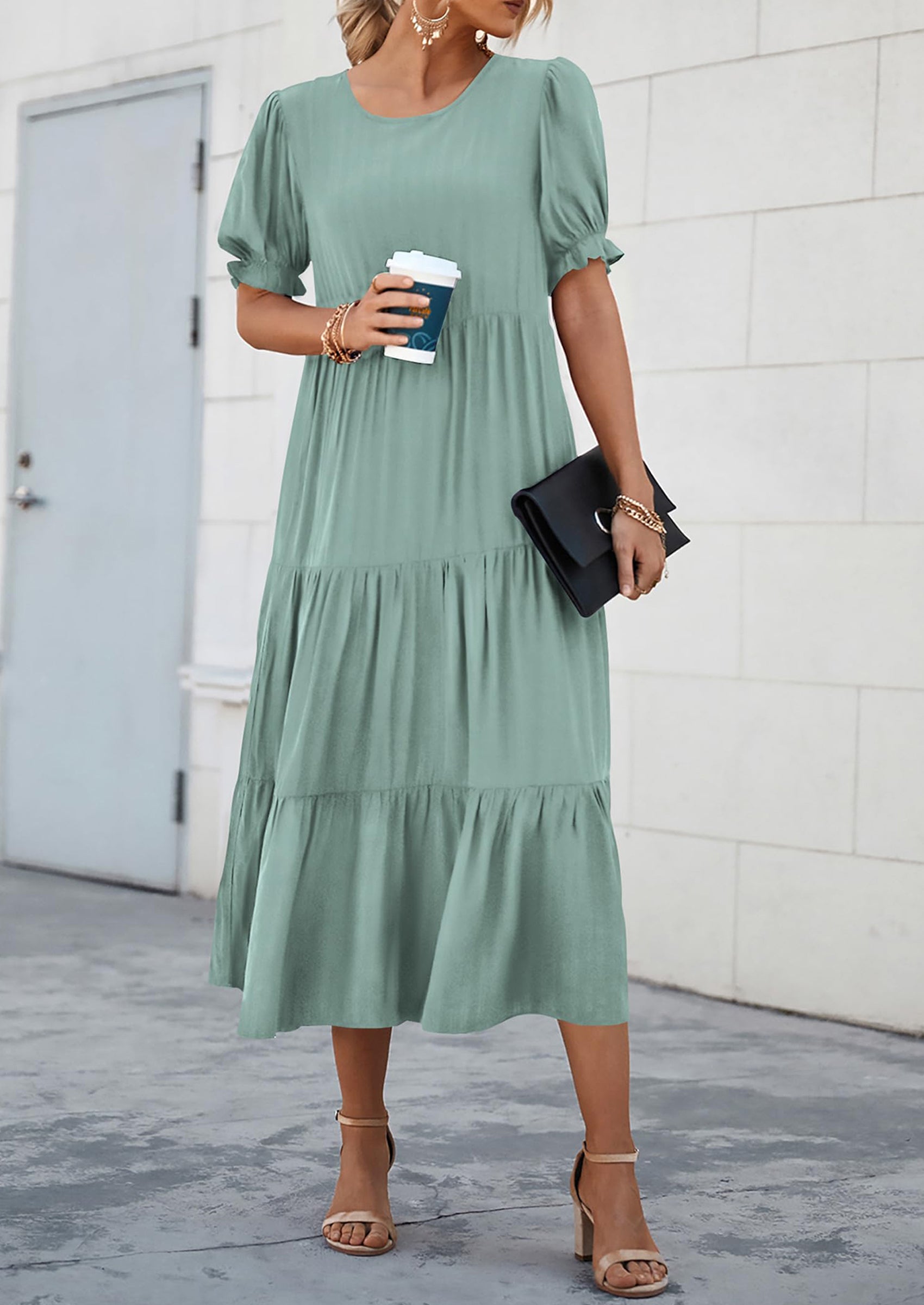 PRETTYGARDEN Women's Summer Casual Floral Boho Dress Puff Short Sleeve Ruffle Flowy Beach Party Midi Dresses