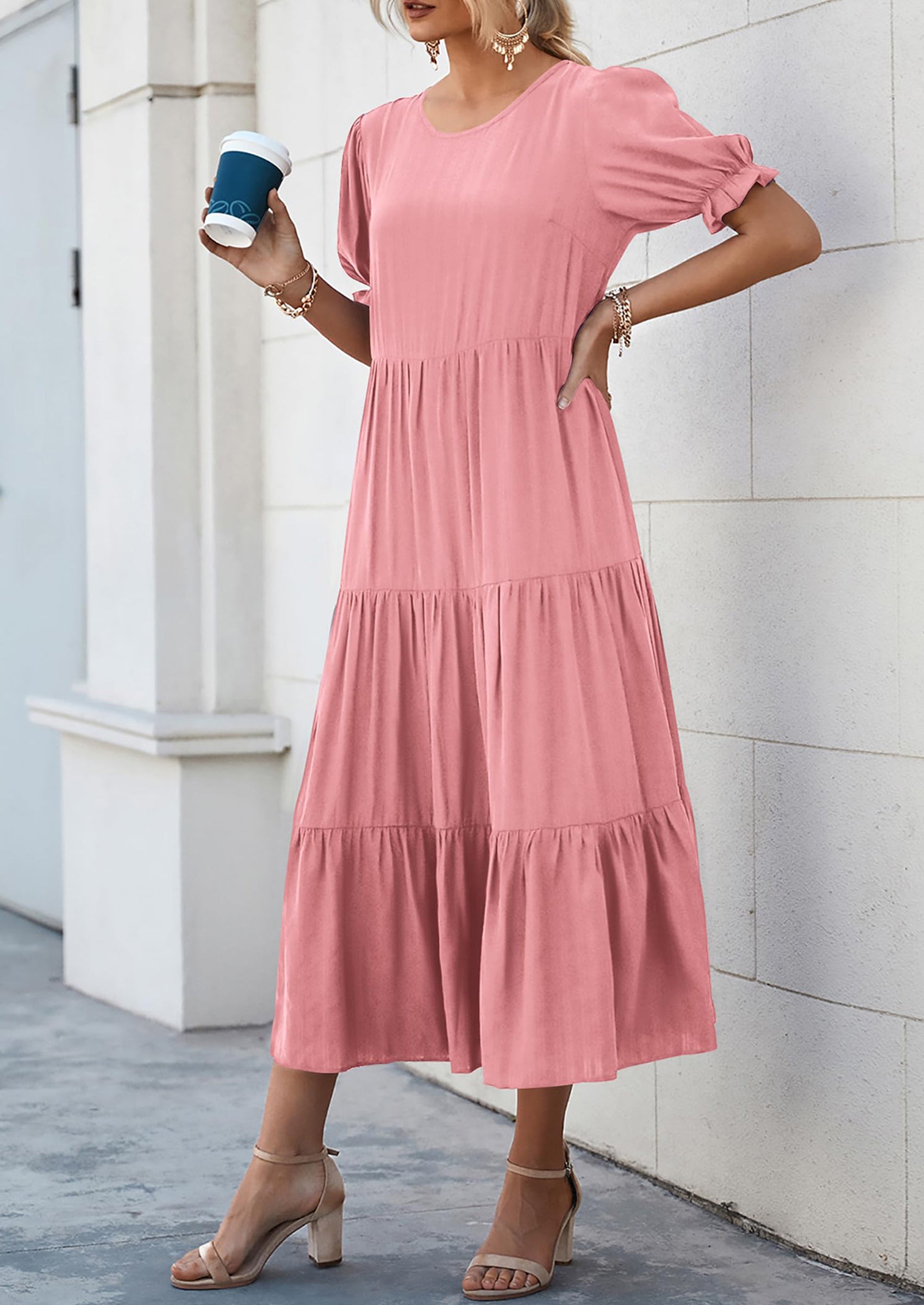 PRETTYGARDEN Women's Summer Casual Floral Boho Dress Puff Short Sleeve Ruffle Flowy Beach Party Midi Dresses