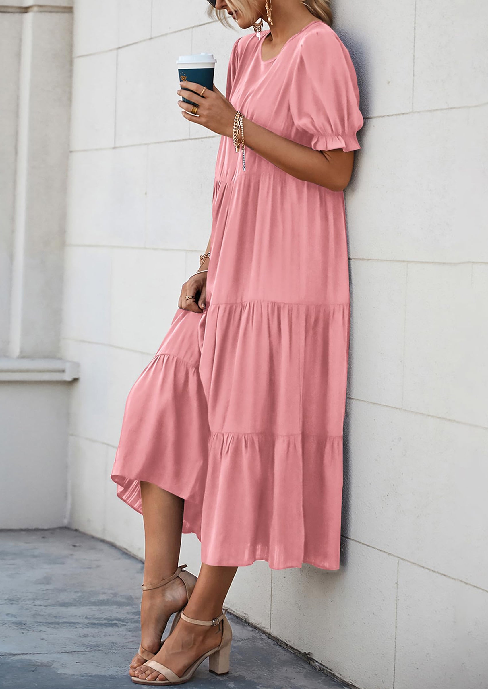 PRETTYGARDEN Women's Summer Casual Floral Boho Dress Puff Short Sleeve Ruffle Flowy Beach Party Midi Dresses