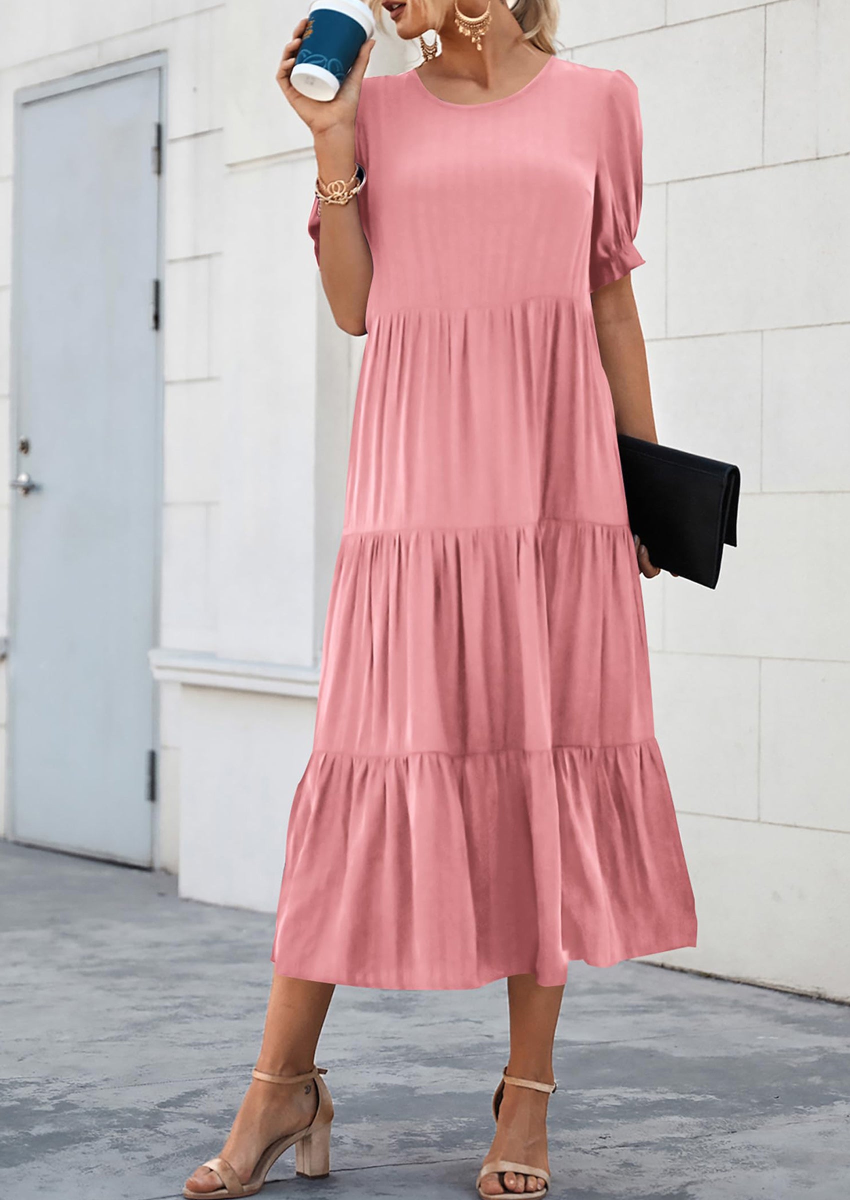 PRETTYGARDEN Women's Summer Casual Floral Boho Dress Puff Short Sleeve Ruffle Flowy Beach Party Midi Dresses