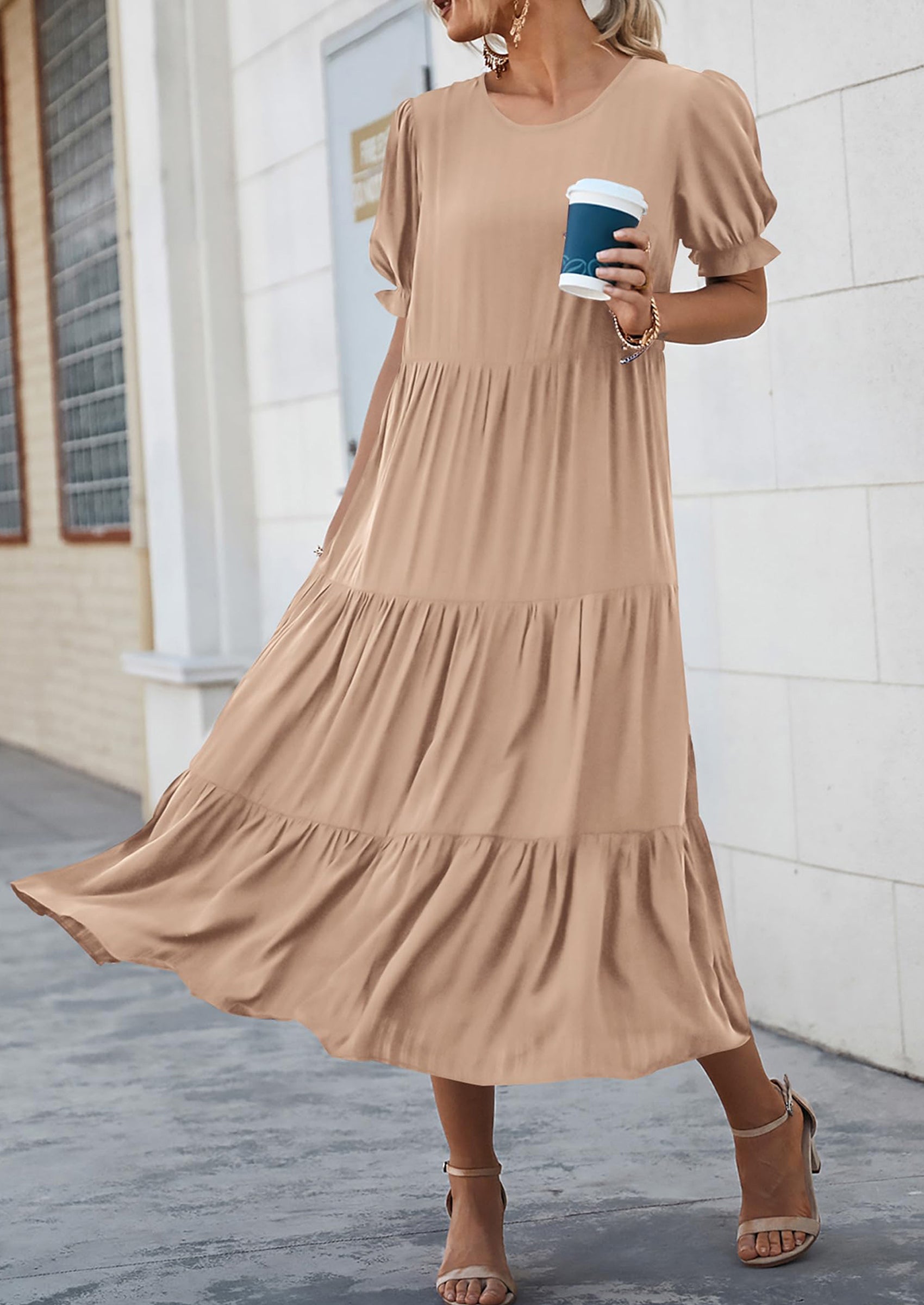 PRETTYGARDEN Women's Summer Casual Floral Boho Dress Puff Short Sleeve Ruffle Flowy Beach Party Midi Dresses