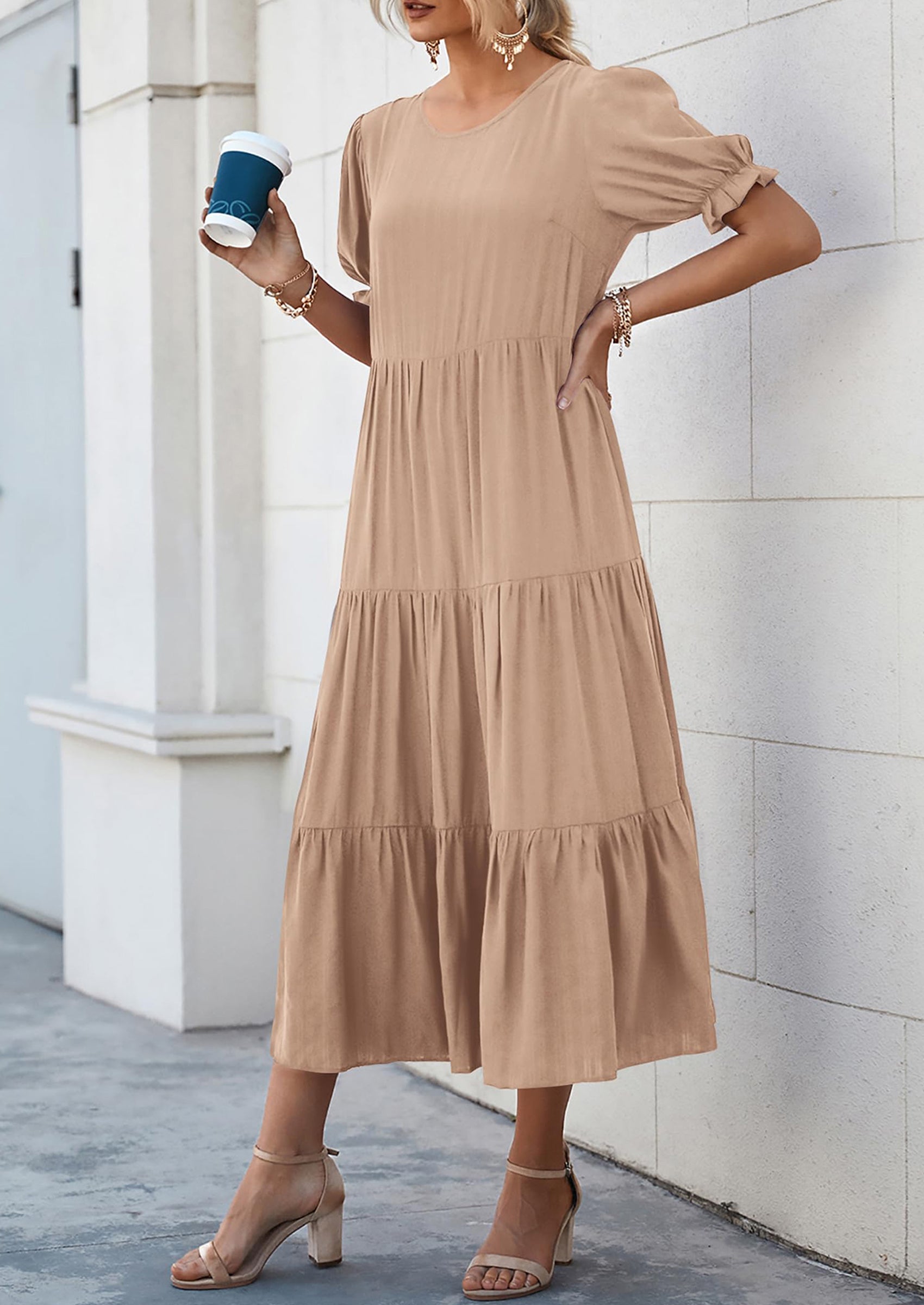 PRETTYGARDEN Women's Summer Casual Floral Boho Dress Puff Short Sleeve Ruffle Flowy Beach Party Midi Dresses