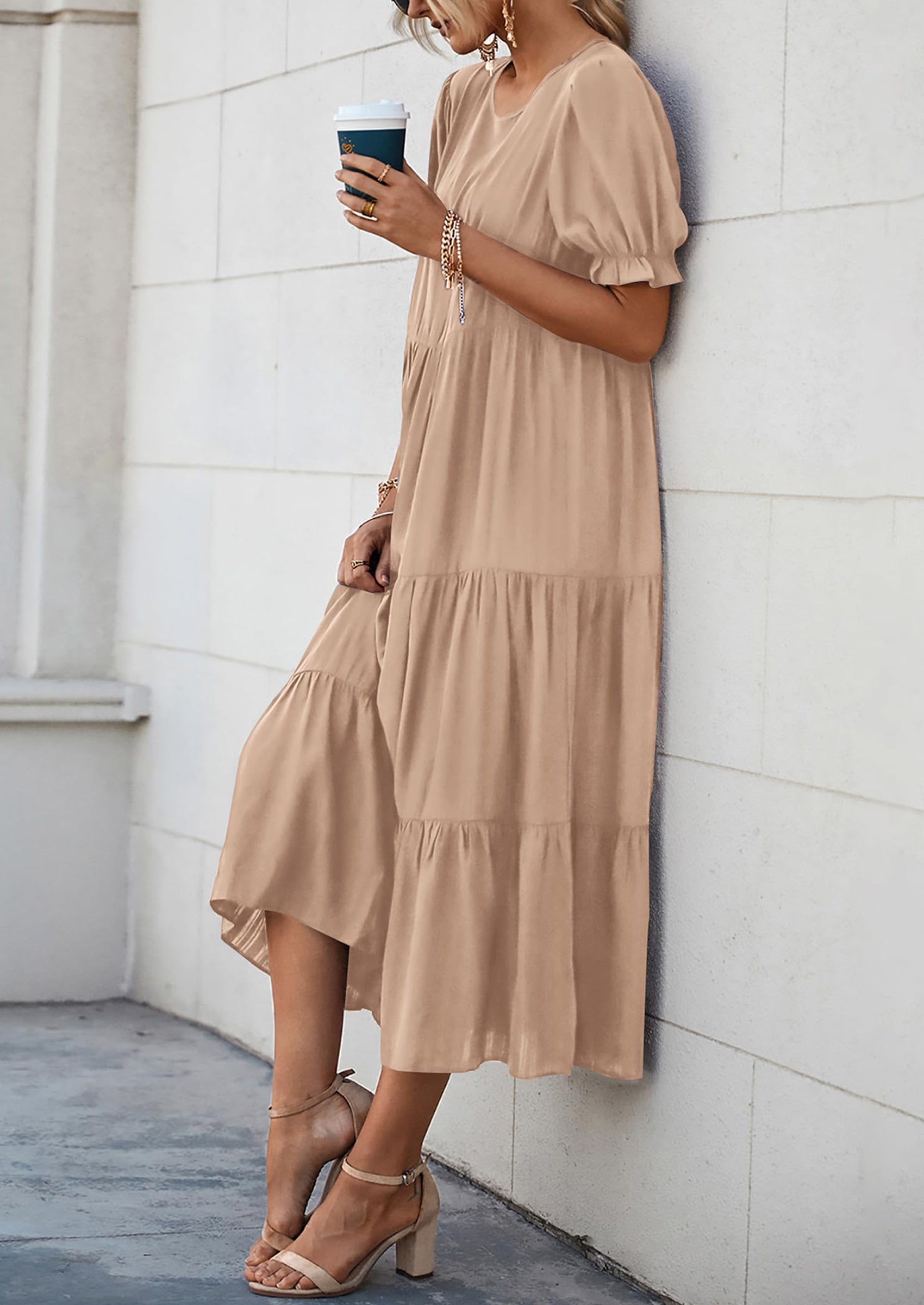 PRETTYGARDEN Women's Summer Casual Floral Boho Dress Puff Short Sleeve Ruffle Flowy Beach Party Midi Dresses