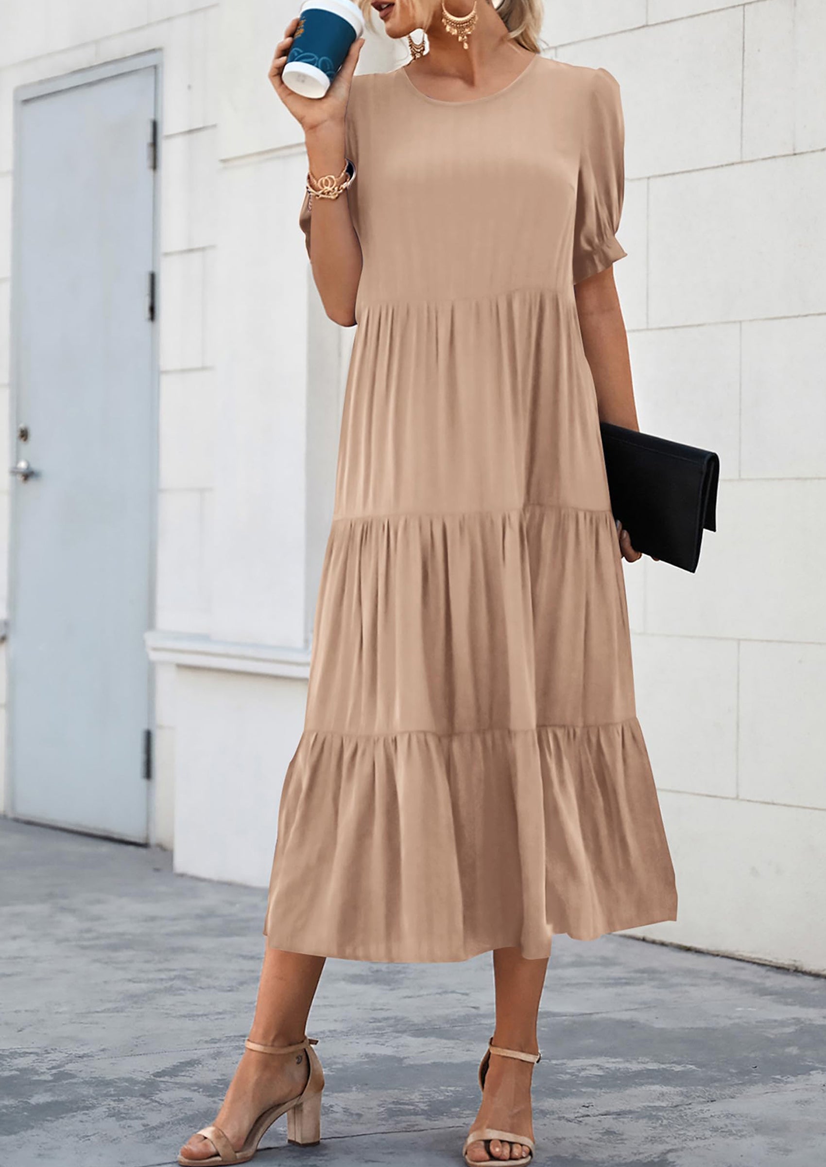 PRETTYGARDEN Women's Summer Casual Floral Boho Dress Puff Short Sleeve Ruffle Flowy Beach Party Midi Dresses