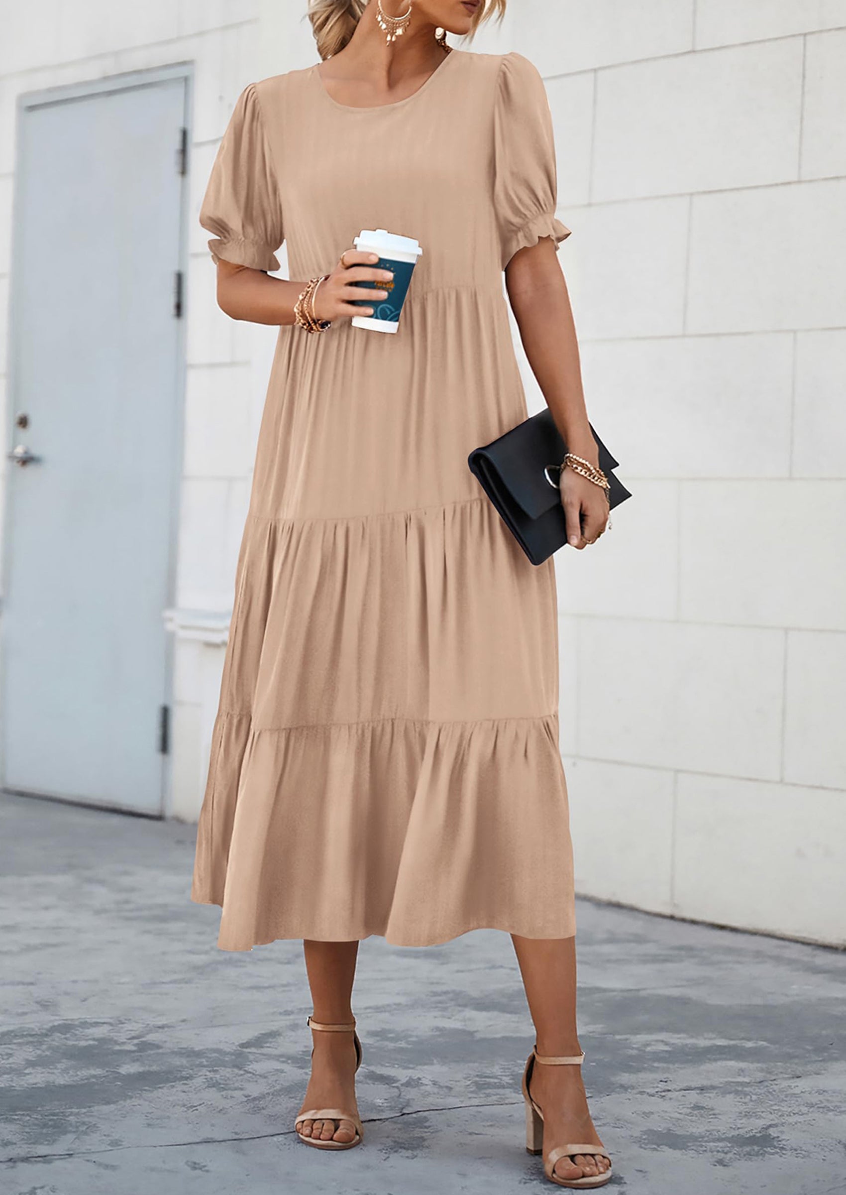 PRETTYGARDEN Women's Summer Casual Floral Boho Dress Puff Short Sleeve Ruffle Flowy Beach Party Midi Dresses